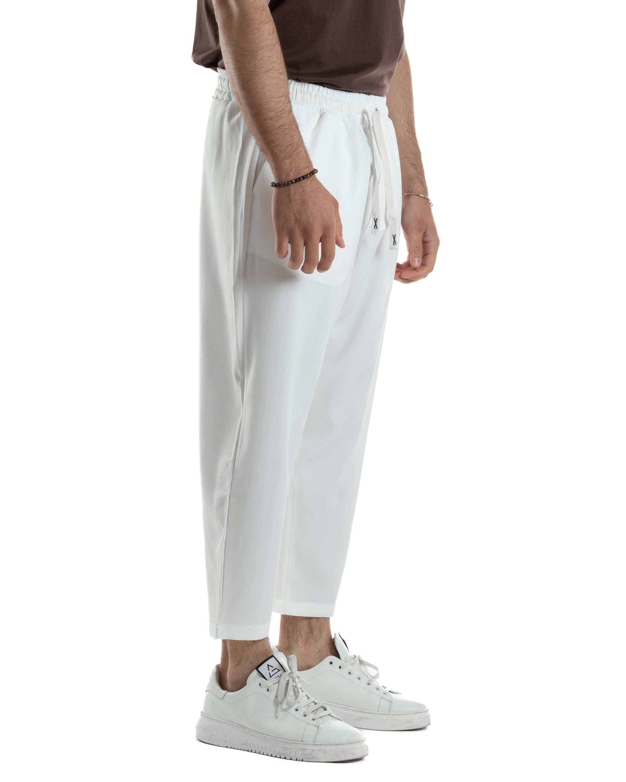 Pantalaccio Uomo Viscosa Pantaloni Casual Jogger Japan Cropped Dritto Tinta Unita Bianco GIOSAL-P6294A
