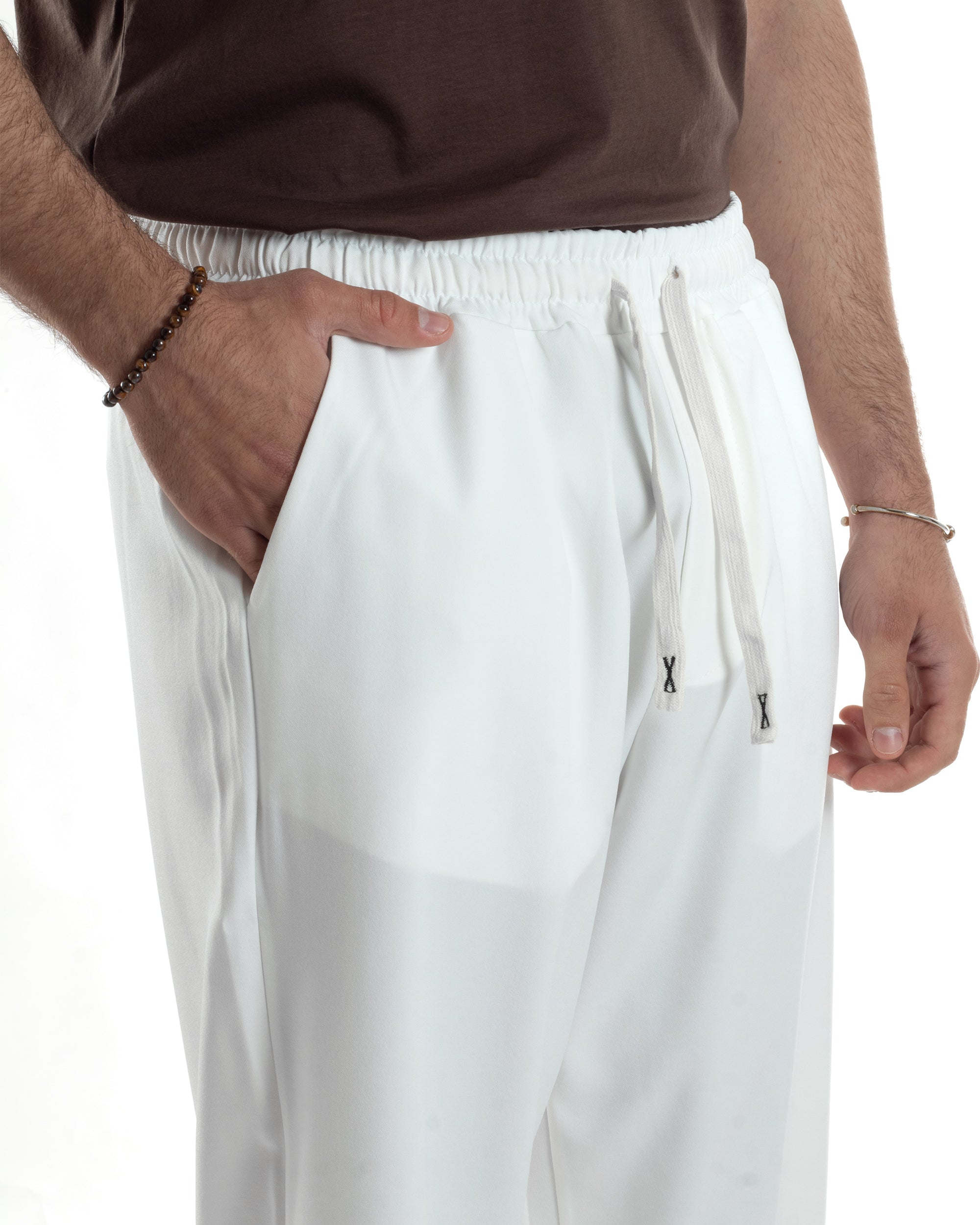 Pantalaccio Uomo Viscosa Pantaloni Casual Jogger Japan Cropped Dritto Tinta Unita Bianco GIOSAL-P6294A