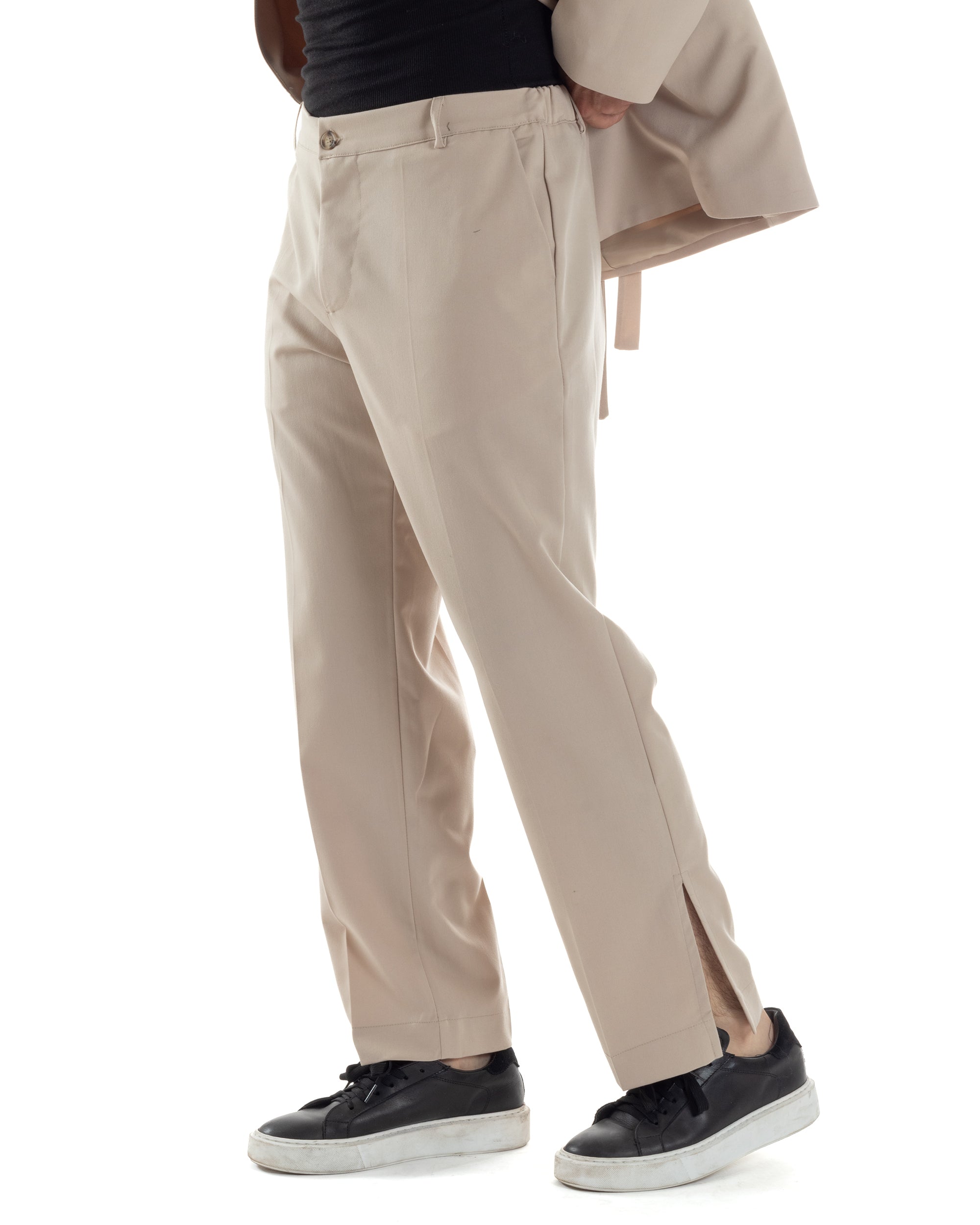 Pantaloni Uomo Viscosa Palazzo Gamba Larga Spacchi Al Fondo Ampio Jogger Comodo Casual Tinta Unita Beige GIOSAL-P6295A