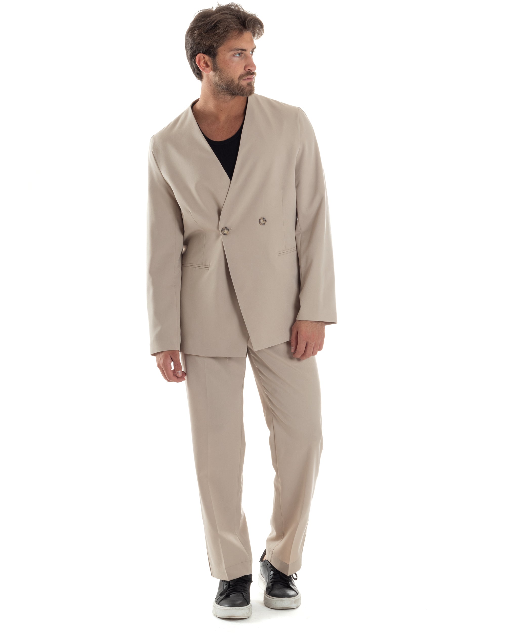 Pantaloni Uomo Viscosa Palazzo Gamba Larga Spacchi Al Fondo Ampio Jogger Comodo Casual Tinta Unita Beige GIOSAL-P6295A