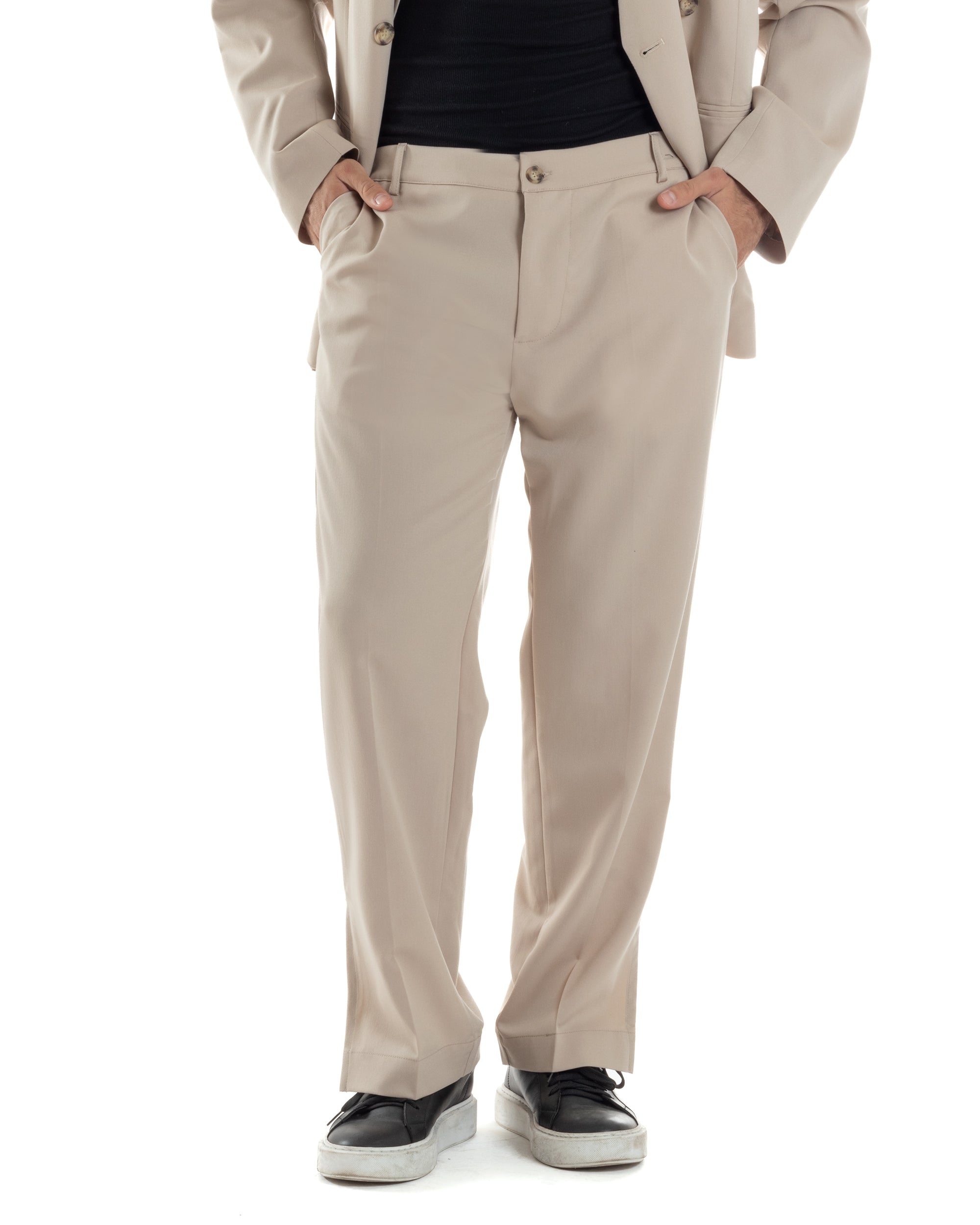 Pantaloni Uomo Viscosa Palazzo Gamba Larga Spacchi Al Fondo Ampio Jogger Comodo Casual Tinta Unita Beige GIOSAL-P6295A