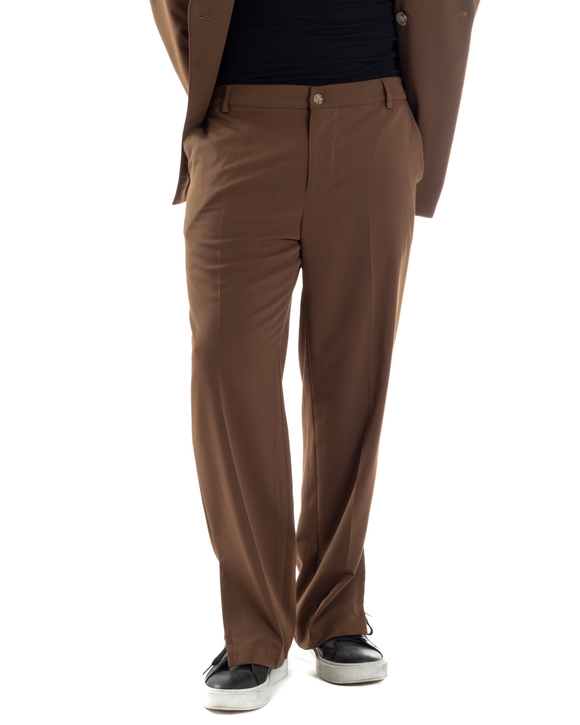 Pantaloni Uomo Viscosa Palazzo Gamba Larga Spacchi Al Fondo Ampio Jogger Comodo Casual Tinta Unita Marrone GIOSAL-P6296A