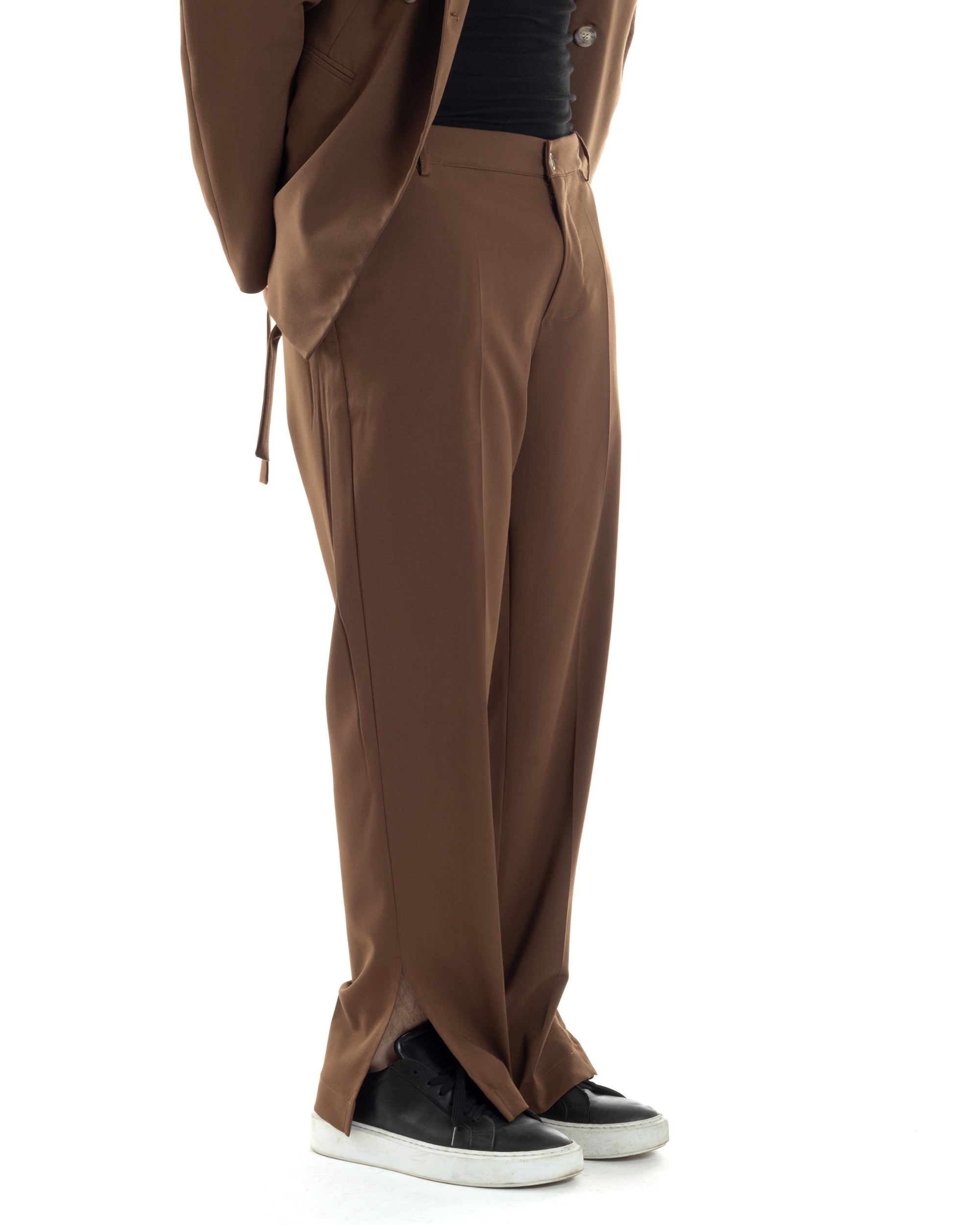 Pantaloni Uomo Viscosa Palazzo Gamba Larga Spacchi Al Fondo Ampio Jogger Comodo Casual Tinta Unita Marrone GIOSAL-P6296A