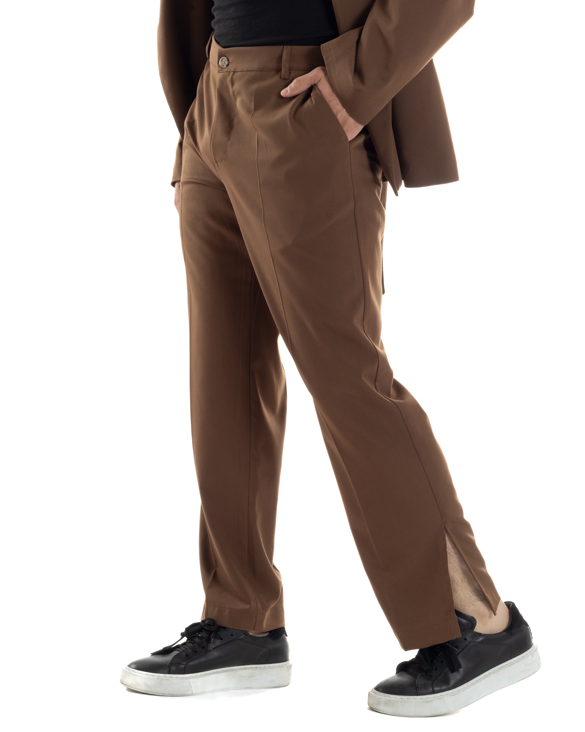 Pantaloni Uomo Viscosa Palazzo Gamba Larga Spacchi Al Fondo Ampio Jogger Comodo Casual Tinta Unita Marrone GIOSAL-P6296A