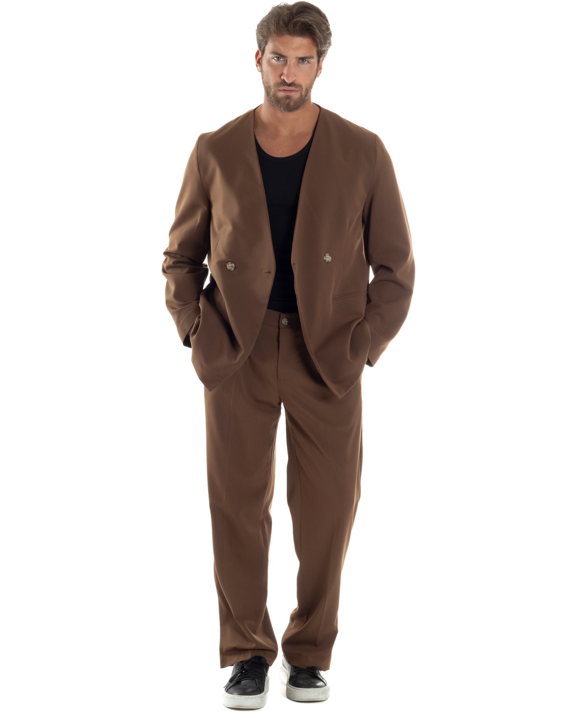 Pantaloni Uomo Viscosa Palazzo Gamba Larga Spacchi Al Fondo Ampio Jogger Comodo Casual Tinta Unita Marrone GIOSAL-P6296A