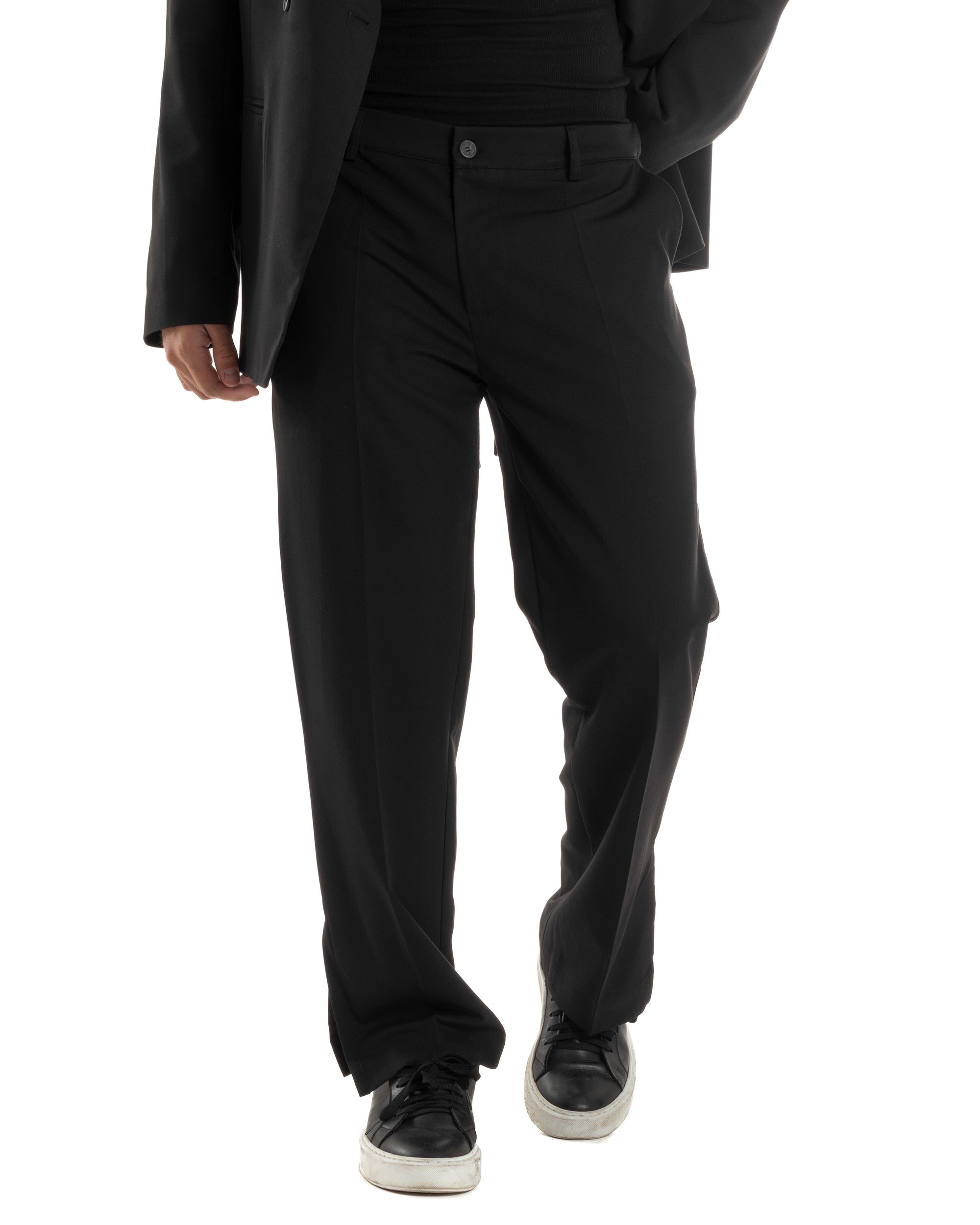 Pantaloni Uomo Viscosa Palazzo Gamba Larga Spacchi Al Fondo Ampio Jogger Comodo Casual Tinta Unita Nero GIOSAL-P6297A