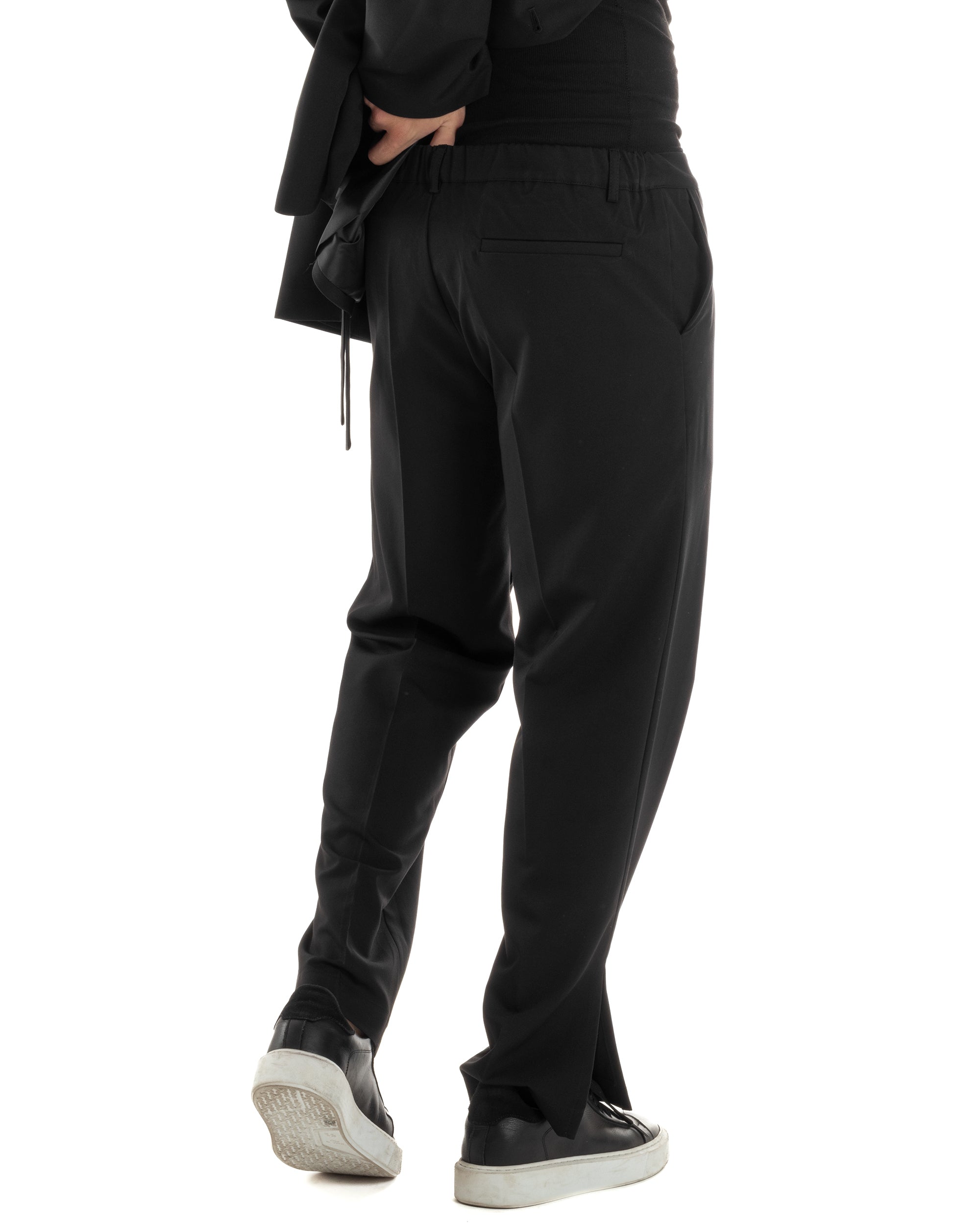 Pantaloni Uomo Viscosa Palazzo Gamba Larga Spacchi Al Fondo Ampio Jogger Comodo Casual Tinta Unita Nero GIOSAL-P6297A
