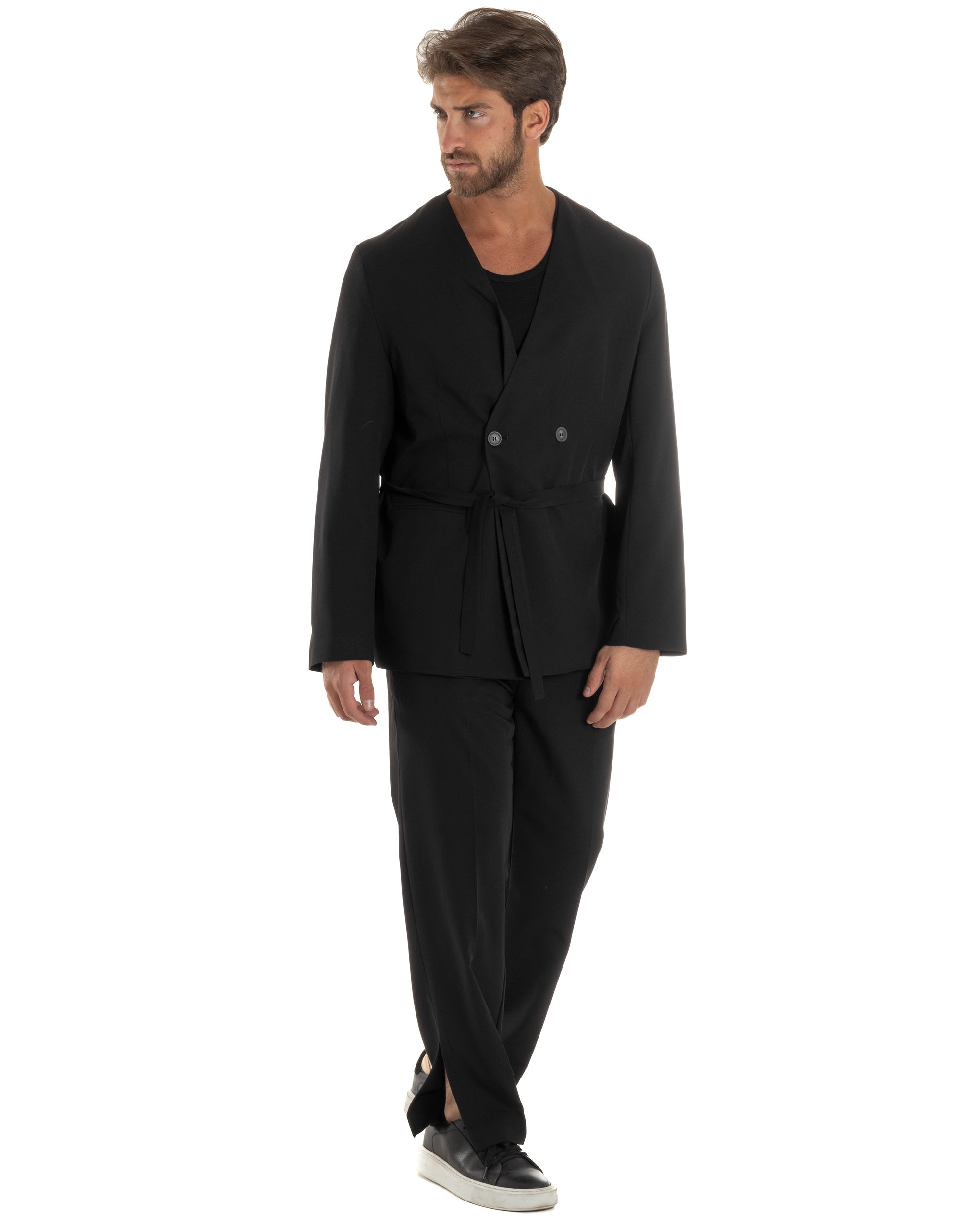 Pantaloni Uomo Viscosa Palazzo Gamba Larga Spacchi Al Fondo Ampio Jogger Comodo Casual Tinta Unita Nero GIOSAL-P6297A