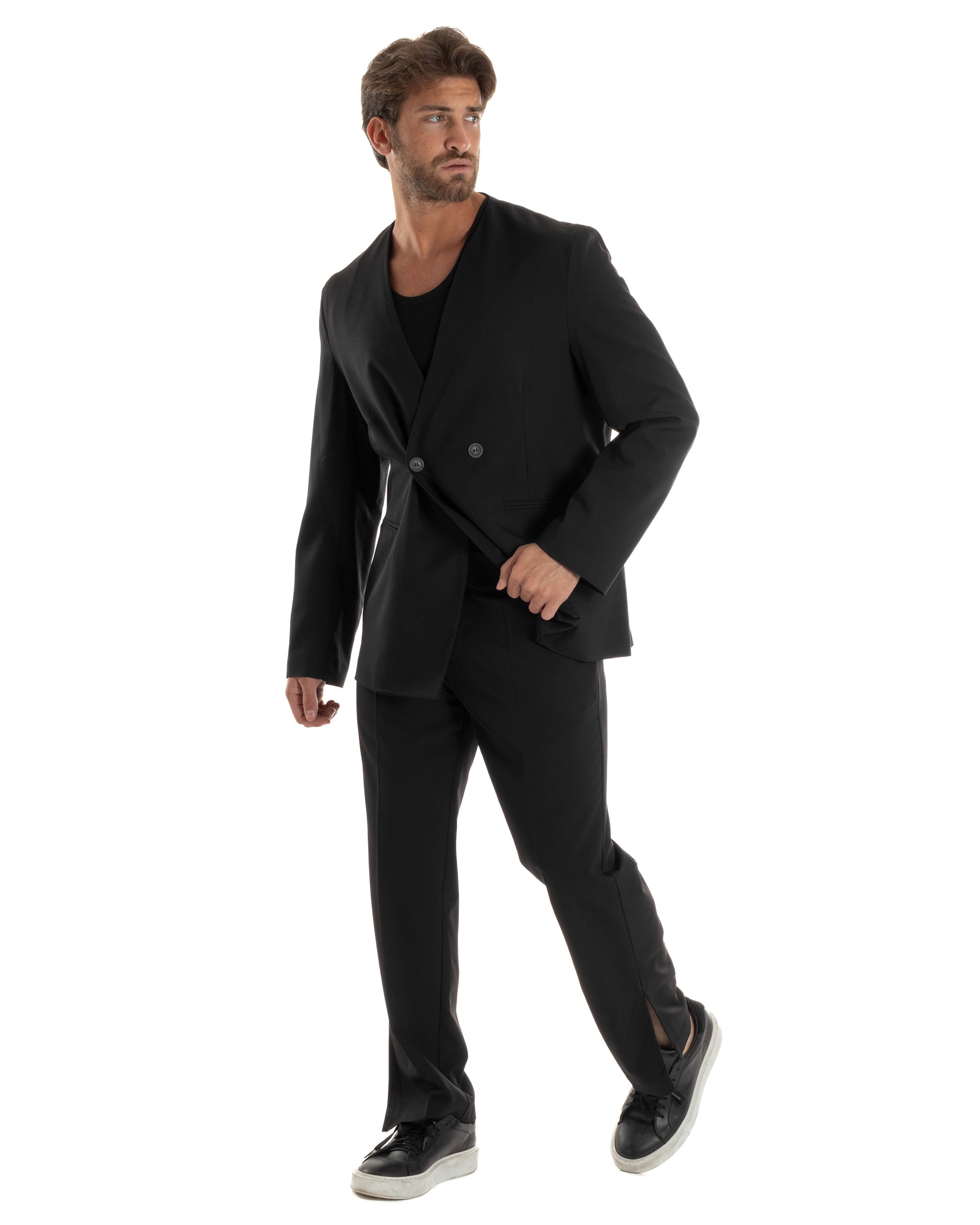 Pantaloni Uomo Viscosa Palazzo Gamba Larga Spacchi Al Fondo Ampio Jogger Comodo Casual Tinta Unita Nero GIOSAL-P6297A