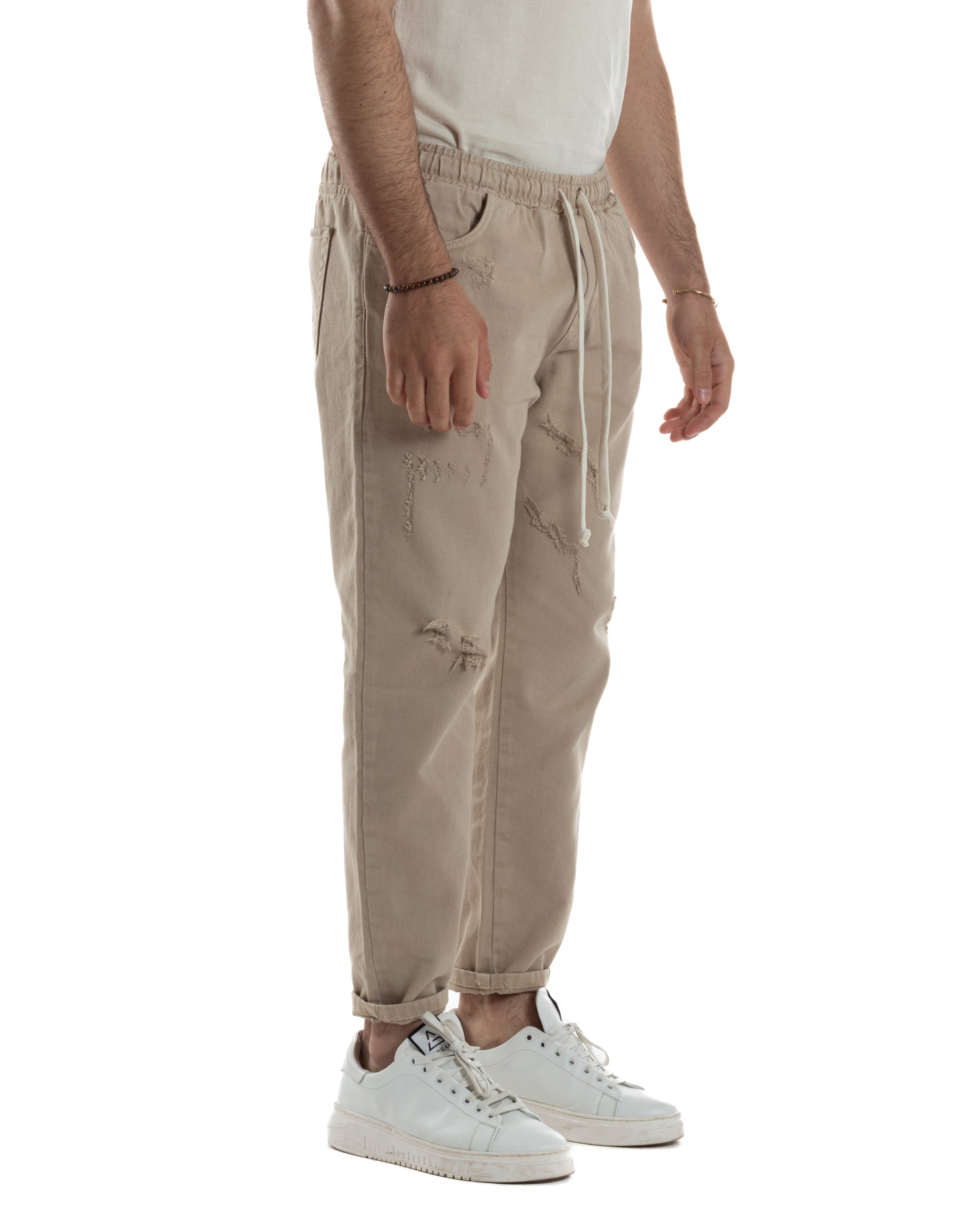 Jeans Jogger Cotone Loose Fit Rotture Beige JS1103A