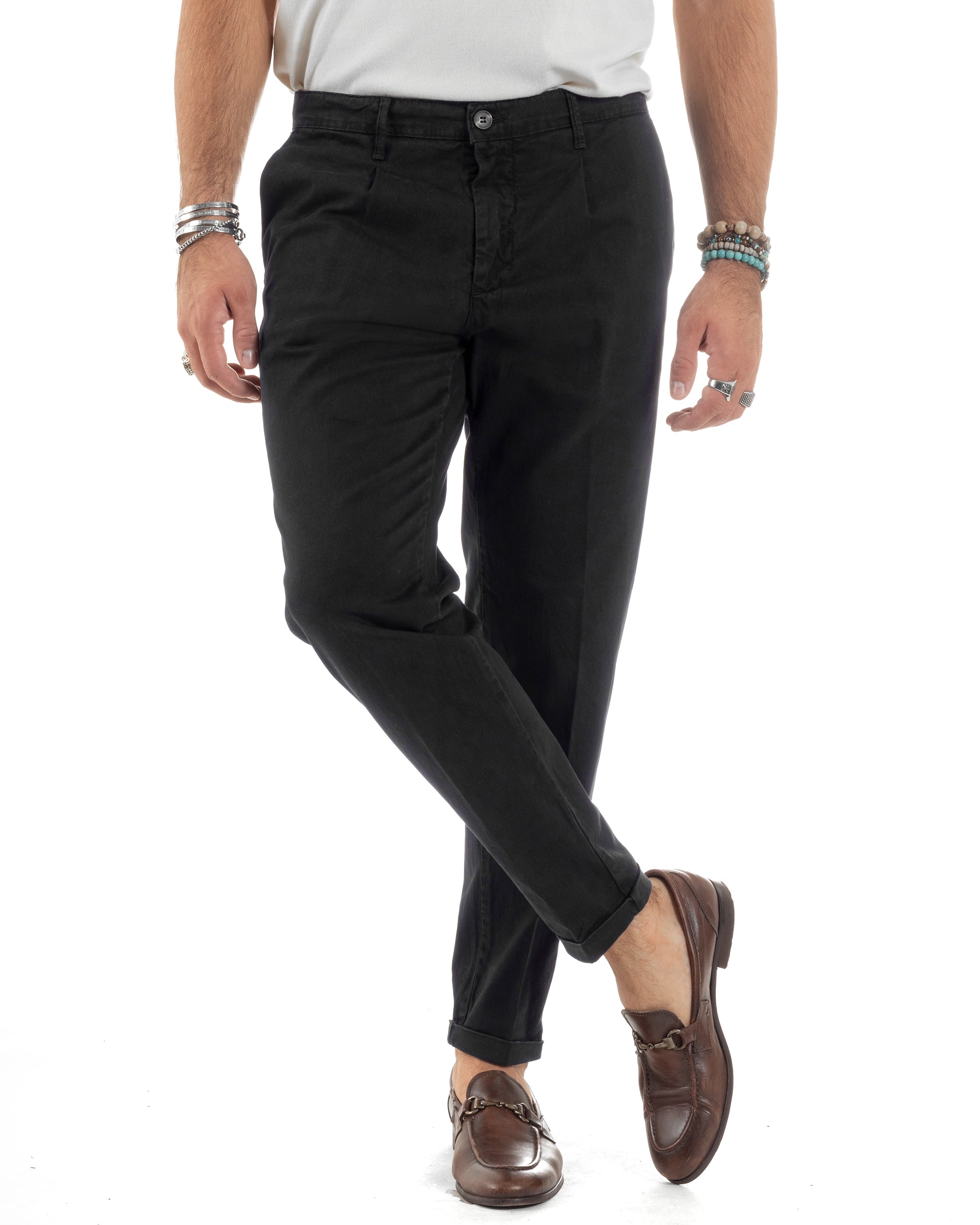 Pantaloni Uomo Cotone Chino Tasca America Capri Basic Sartoriale Slim Fit Casual Nero GIOSAL-P6306A
