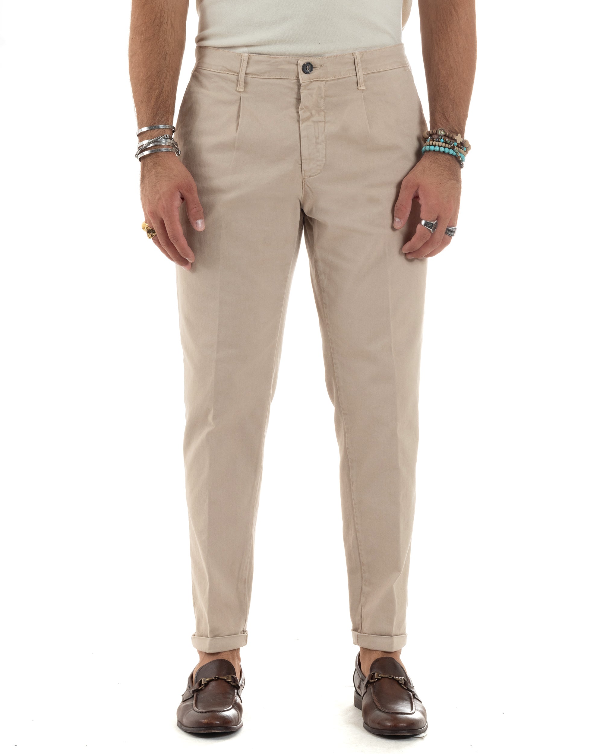 Pantaloni Uomo Cotone Chino Tasca America Capri Basic Sartoriale Slim Fit Casual Beige GIOSAL-P6307A