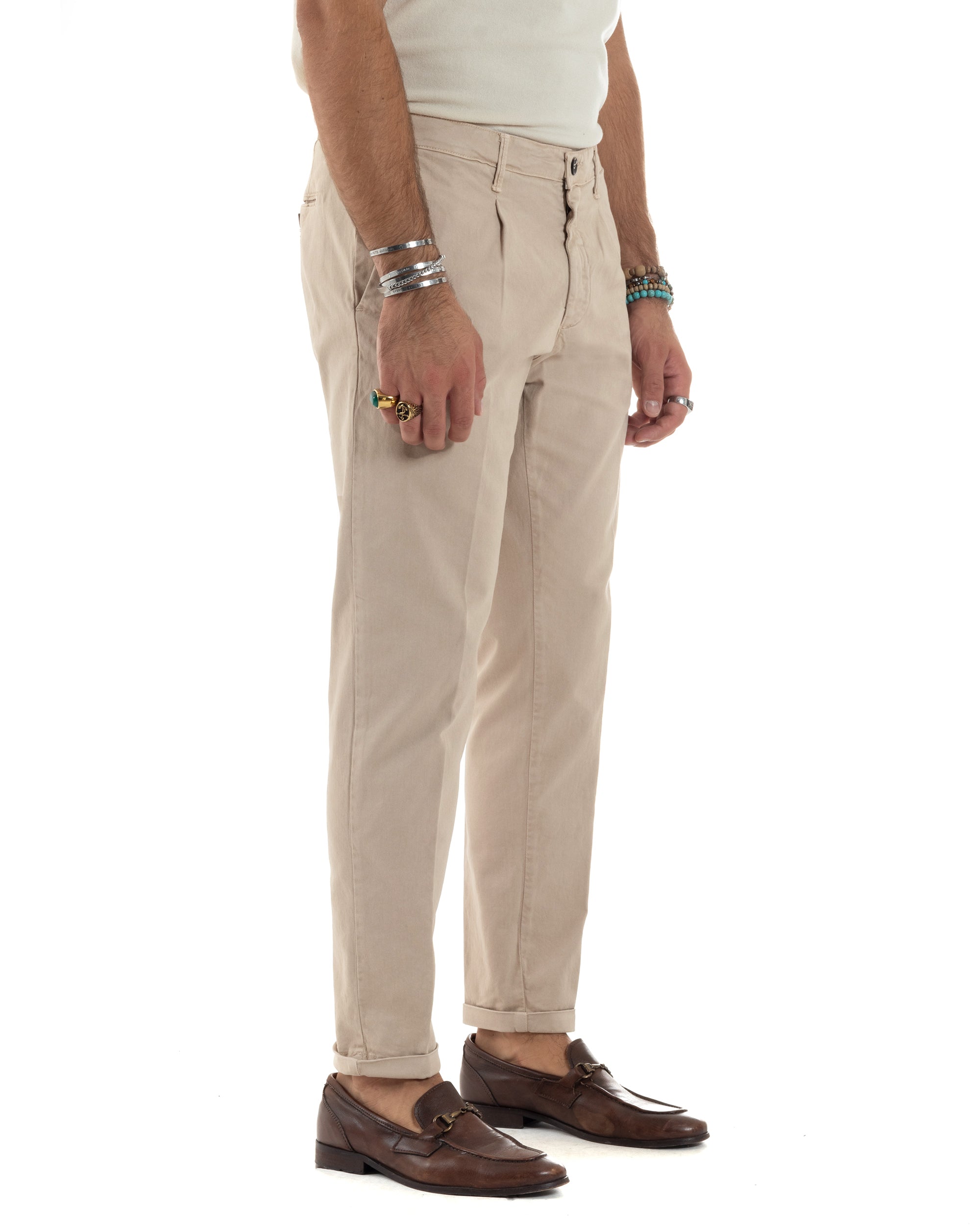 Pantaloni Uomo Cotone Chino Tasca America Capri Basic Sartoriale Slim Fit Casual Beige GIOSAL-P6307A