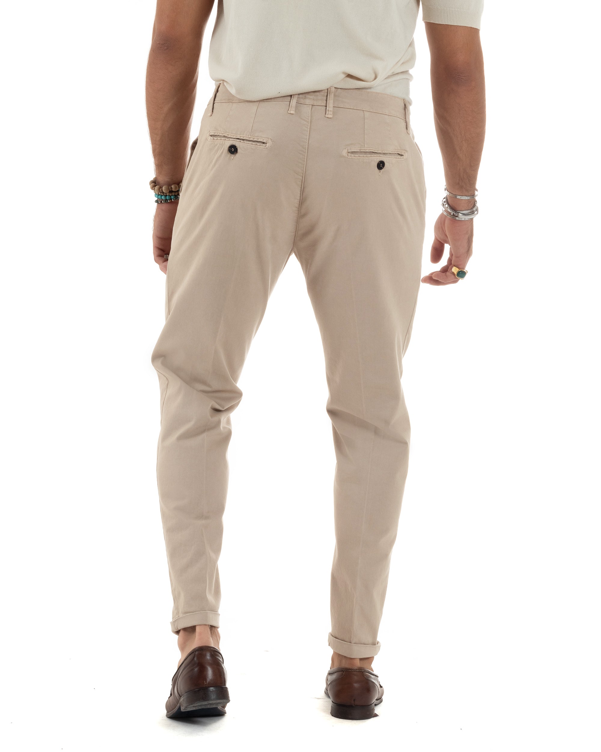 Pantaloni Uomo Cotone Chino Tasca America Capri Basic Sartoriale Slim Fit Casual Beige GIOSAL-P6307A