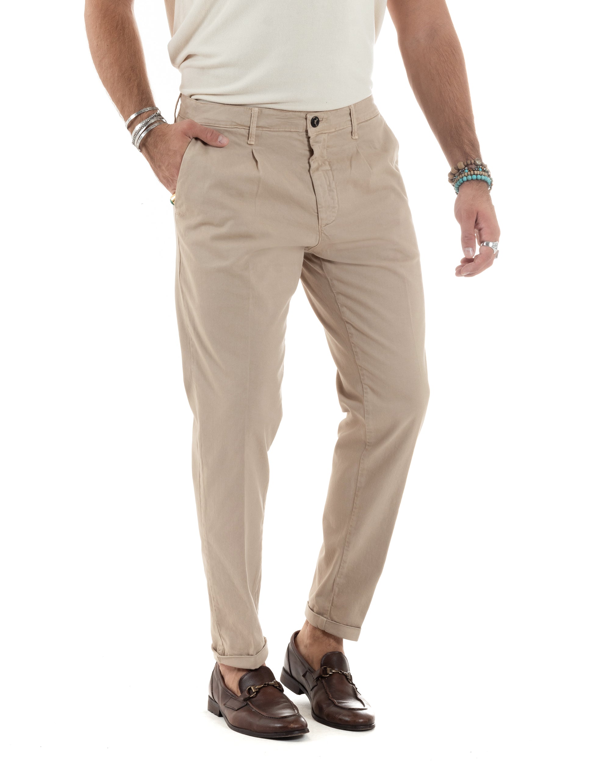 Pantaloni Uomo Cotone Chino Tasca America Capri Basic Sartoriale Slim Fit Casual Beige GIOSAL-P6307A
