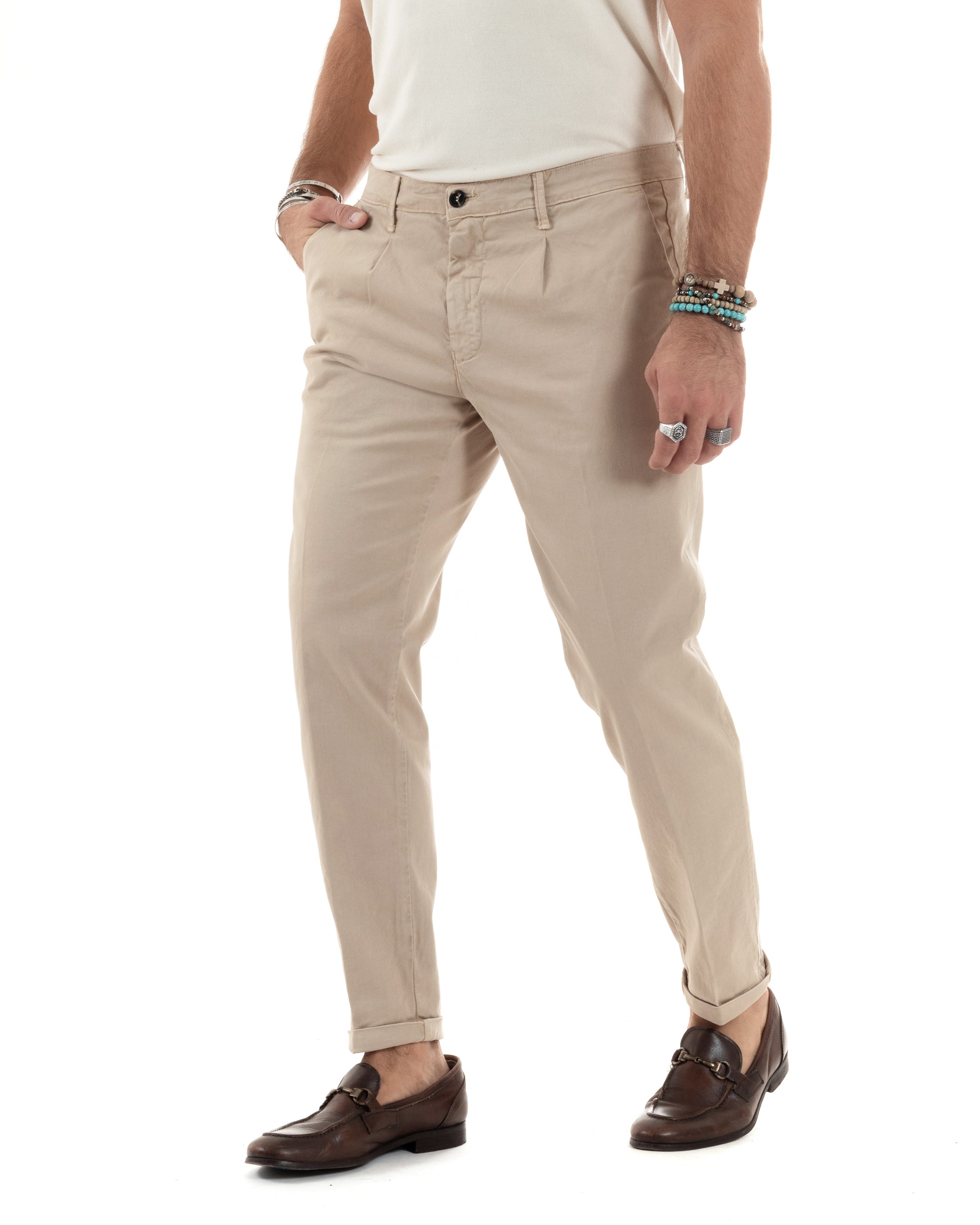 Pantaloni Uomo Cotone Chino Tasca America Capri Basic Sartoriale Slim Fit Casual Beige GIOSAL-P6307A