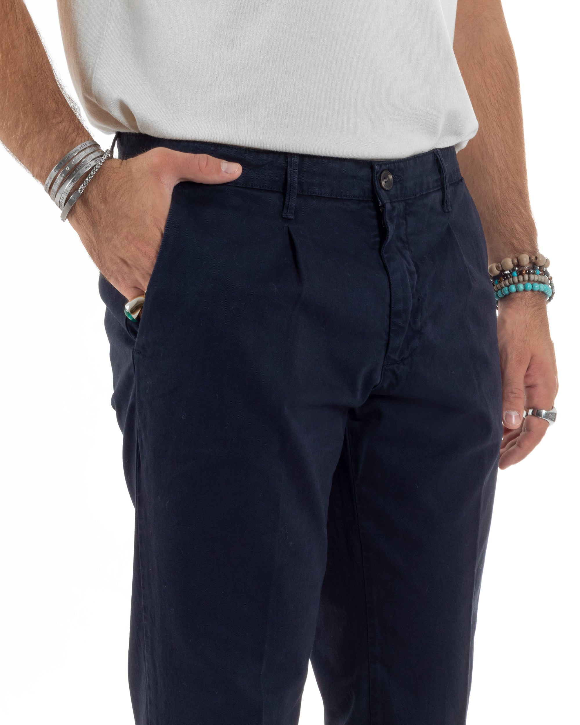 Pantaloni Uomo Cotone Chino Tasca America Capri Basic Sartoriale Slim Fit Casual Blu GIOSAL-P6308A