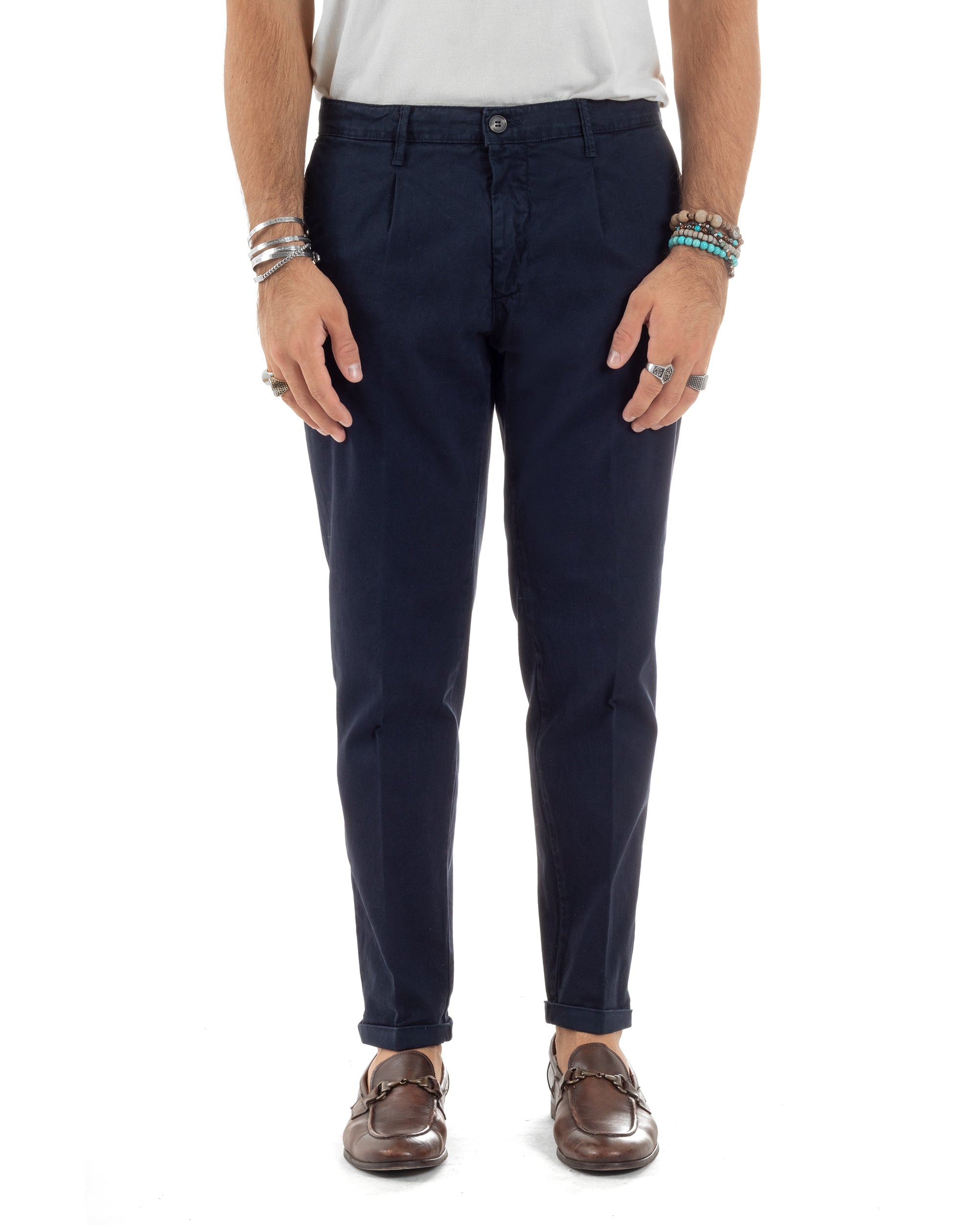 Pantaloni Uomo Cotone Chino Tasca America Capri Basic Sartoriale Slim Fit Casual Blu GIOSAL-P6308A