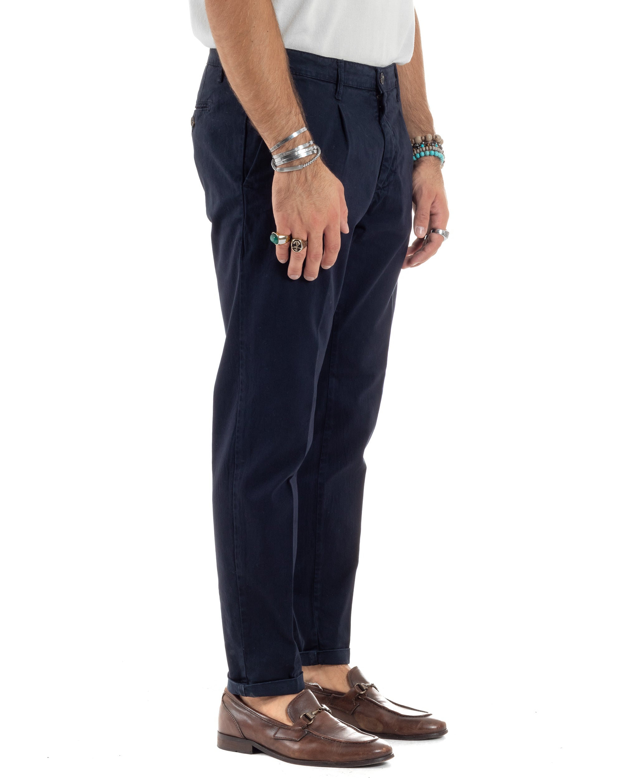 Pantaloni Uomo Cotone Chino Tasca America Capri Basic Sartoriale Slim Fit Casual Blu GIOSAL-P6308A