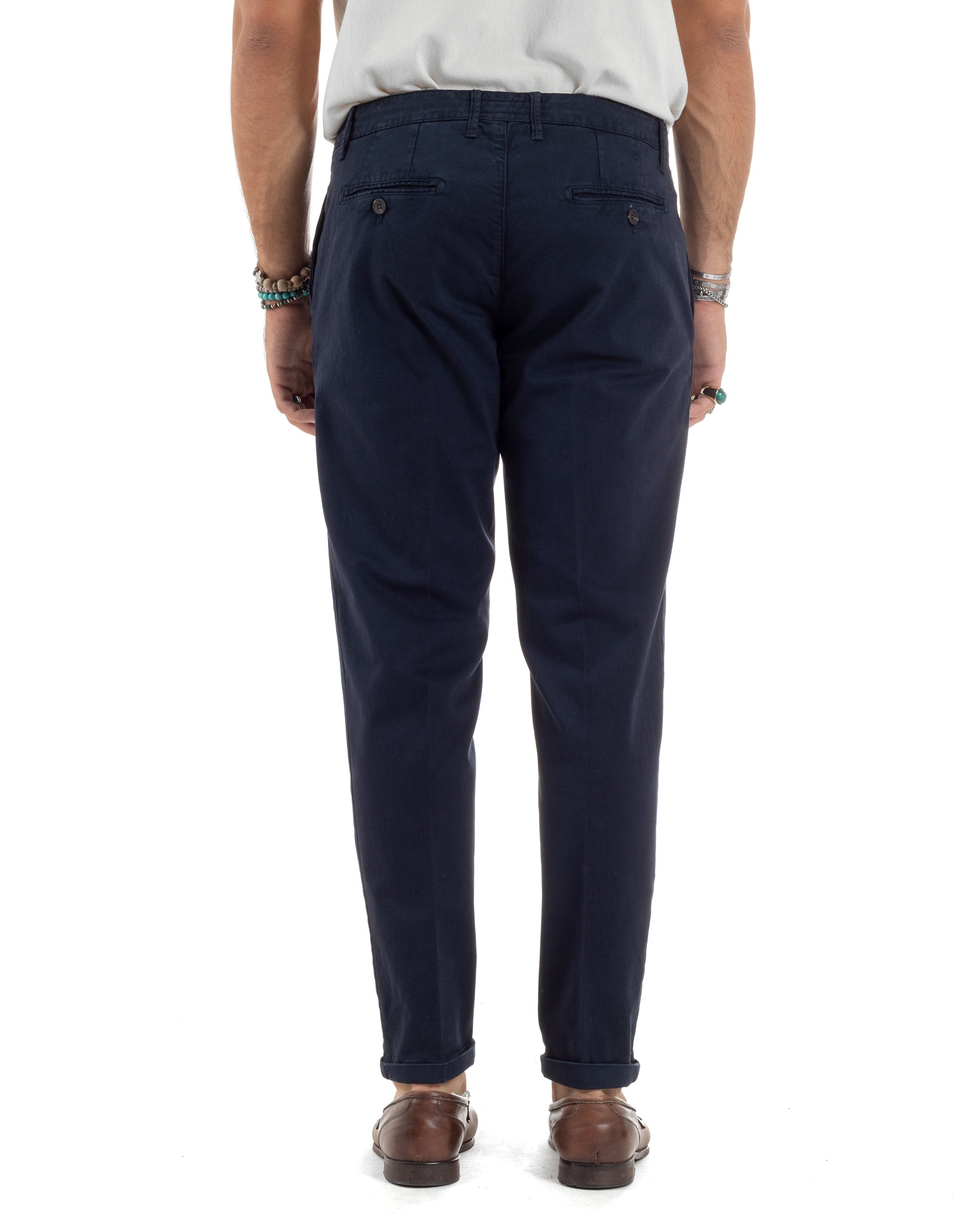 Pantaloni Uomo Cotone Chino Tasca America Capri Basic Sartoriale Slim Fit Casual Blu GIOSAL-P6308A