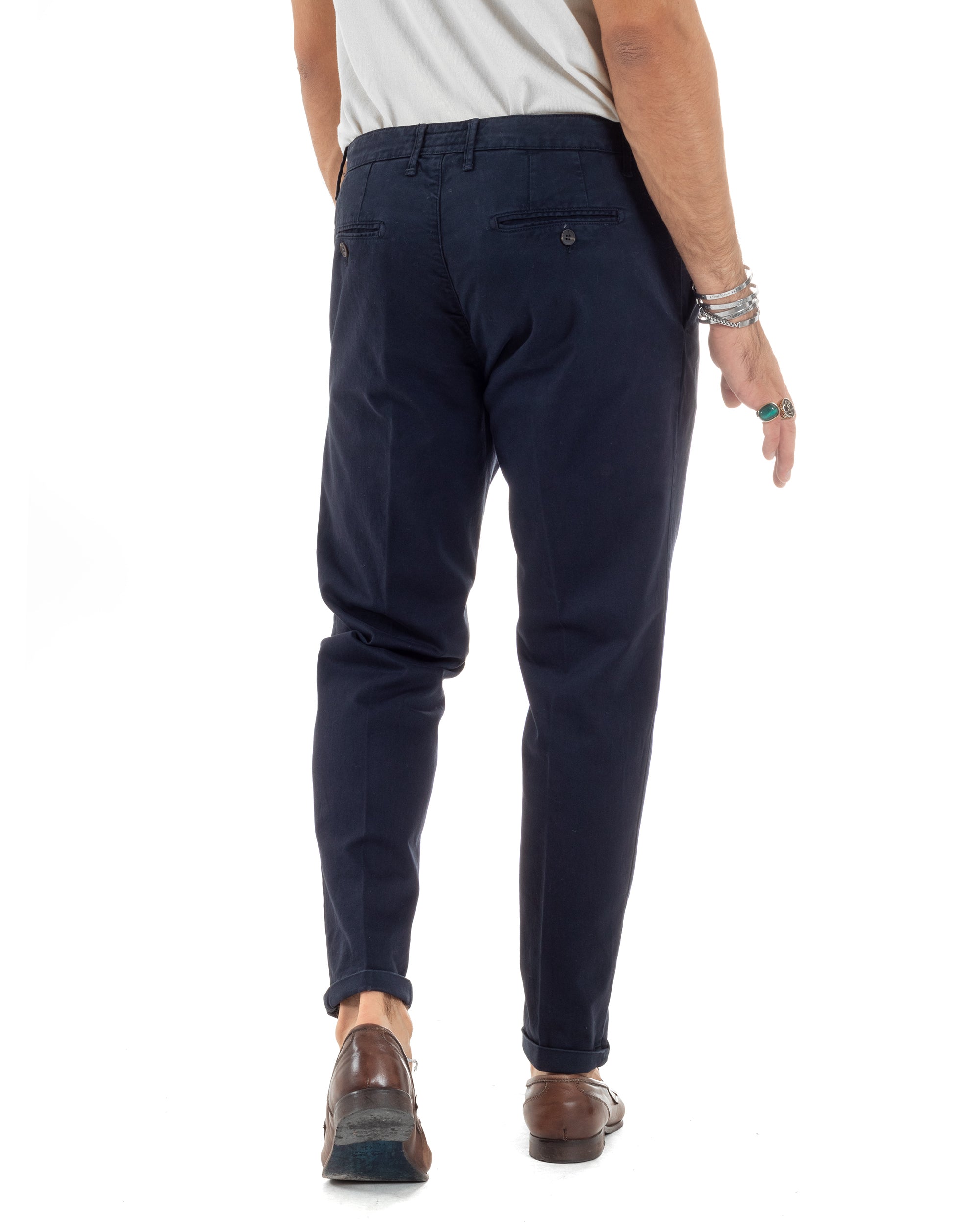 Pantaloni Uomo Cotone Chino Tasca America Capri Basic Sartoriale Slim Fit Casual Blu GIOSAL-P6308A