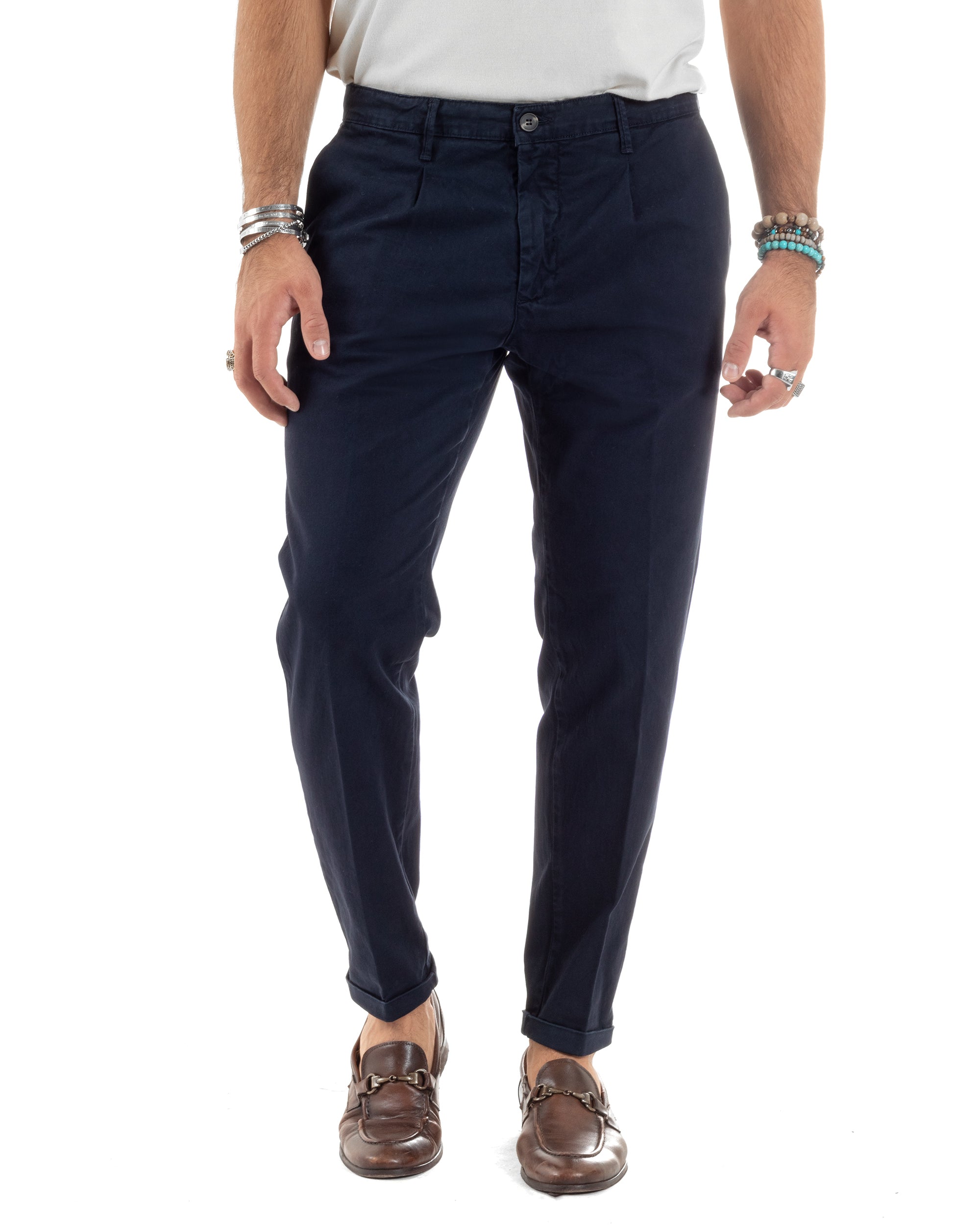 Pantaloni Uomo Cotone Chino Tasca America Capri Basic Sartoriale Slim Fit Casual Blu GIOSAL-P6308A