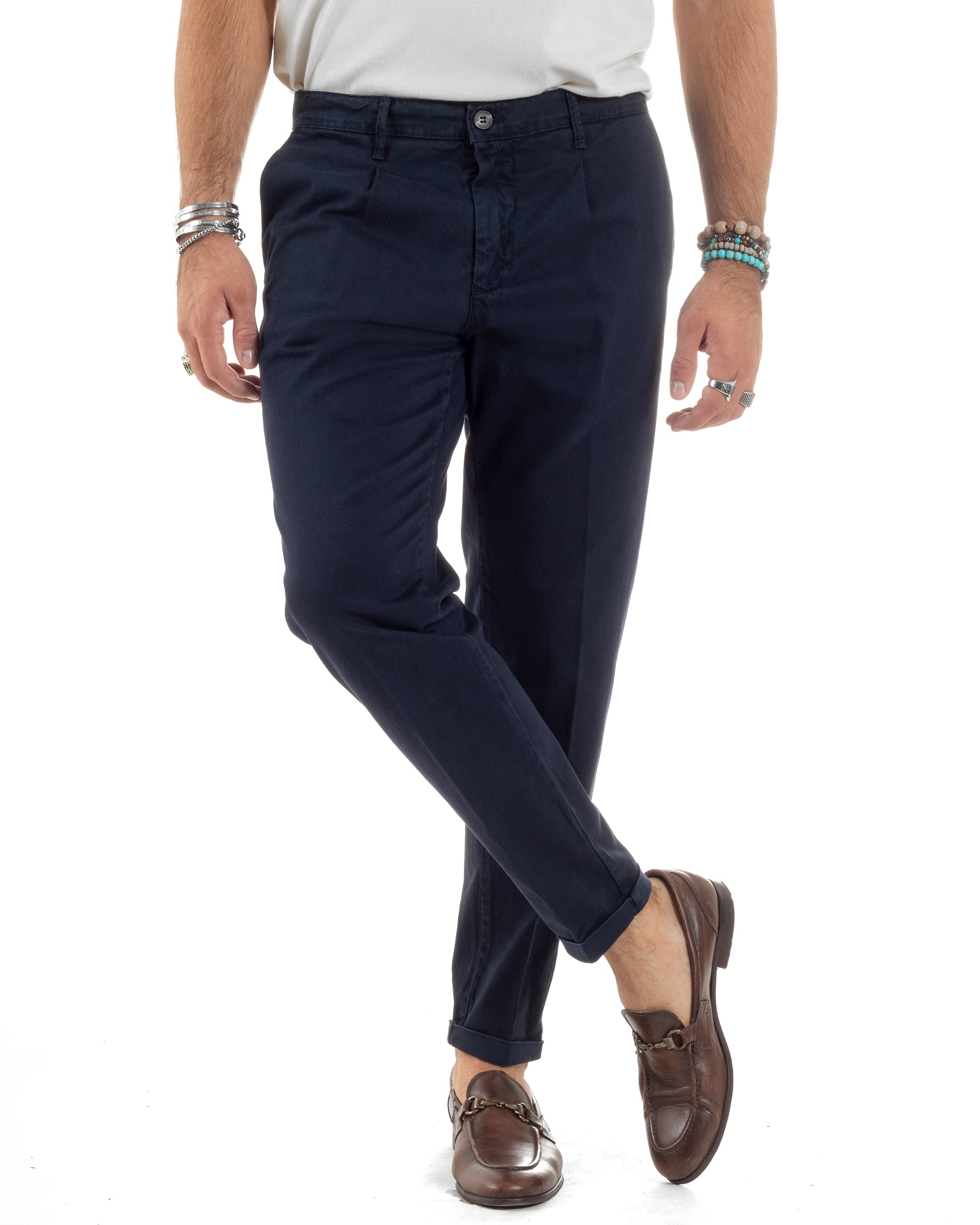 Pantaloni Uomo Cotone Chino Tasca America Capri Basic Sartoriale Slim Fit Casual Blu GIOSAL-P6308A