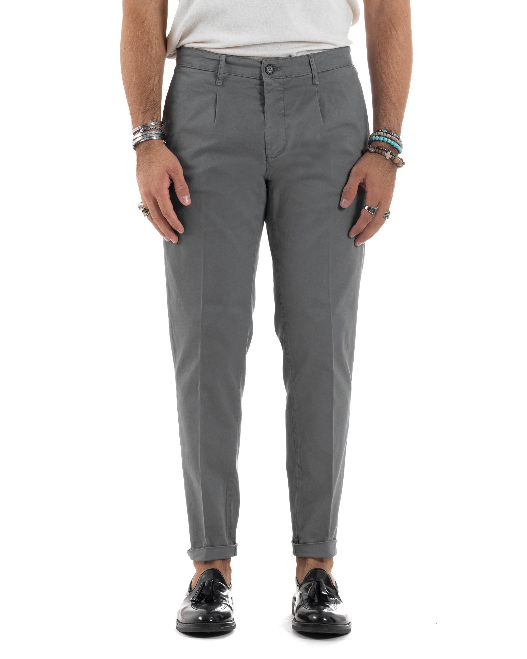Pantaloni Uomo Cotone Chino Tasca America Capri Basic Sartoriale Slim Fit Casual Grigio Scuro GIOSAL-P6311A
