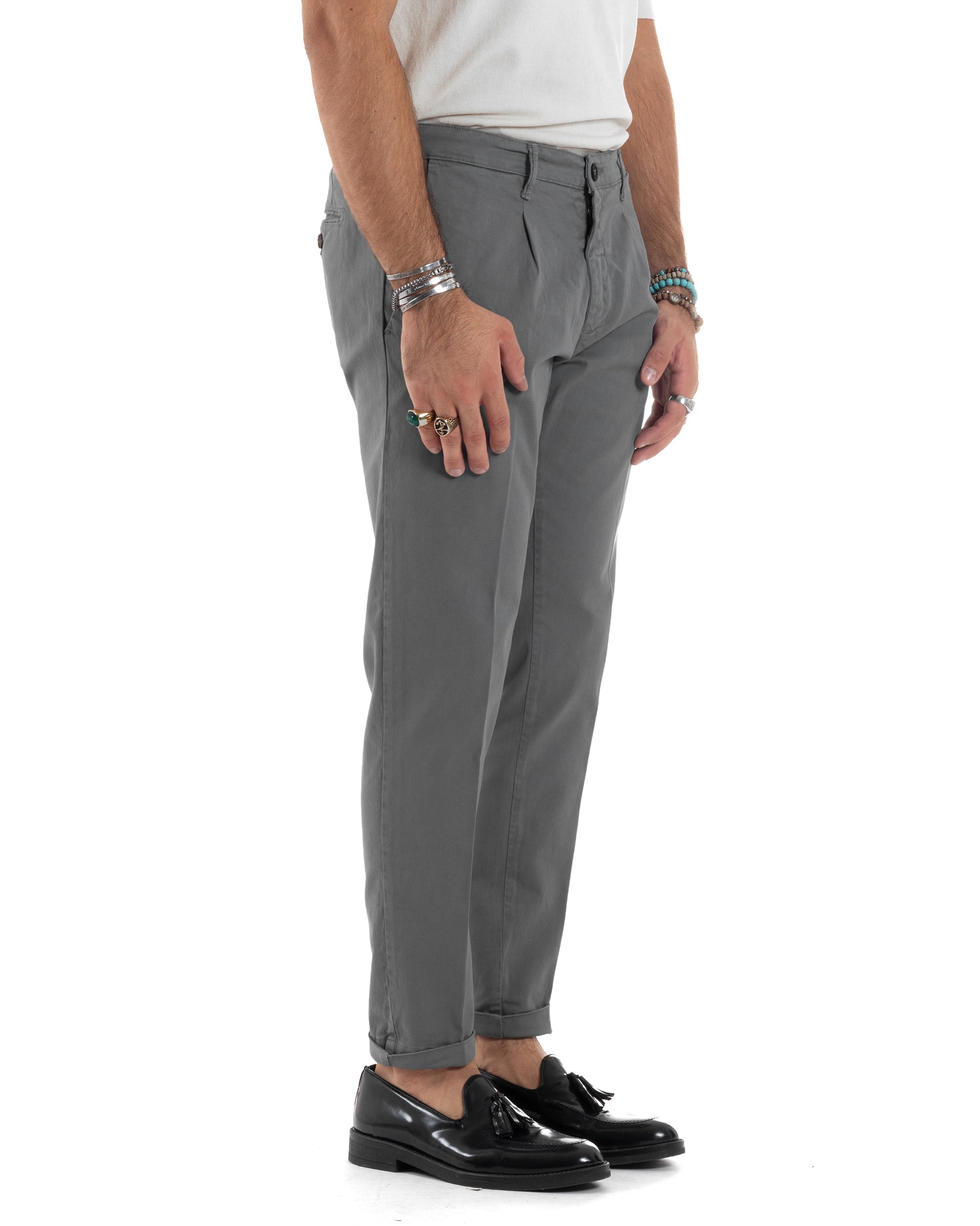 Pantaloni Uomo Cotone Chino Tasca America Capri Basic Sartoriale Slim Fit Casual Grigio Scuro GIOSAL-P6311A