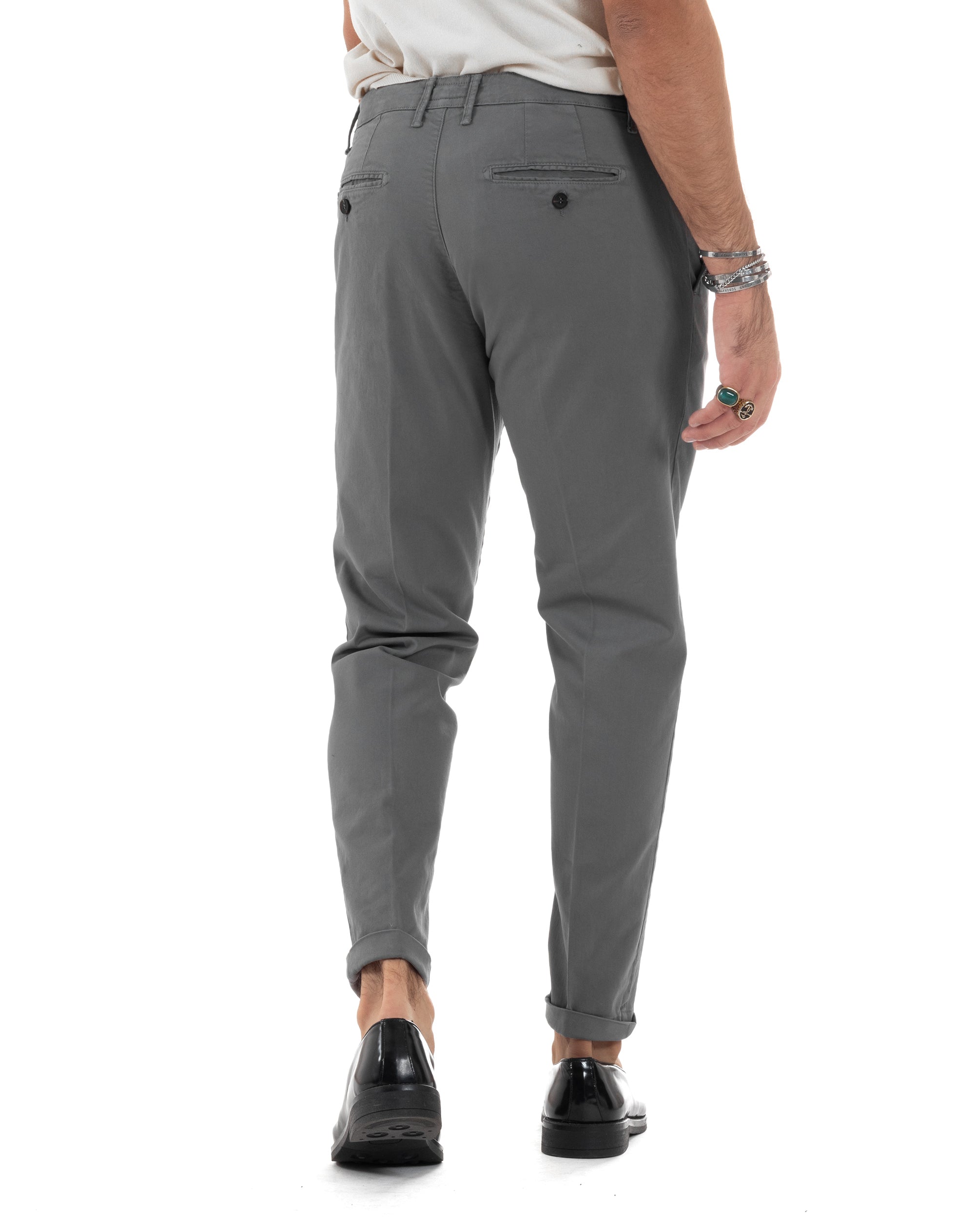 Pantaloni Uomo Cotone Chino Tasca America Capri Basic Sartoriale Slim Fit Casual Grigio Scuro GIOSAL-P6311A