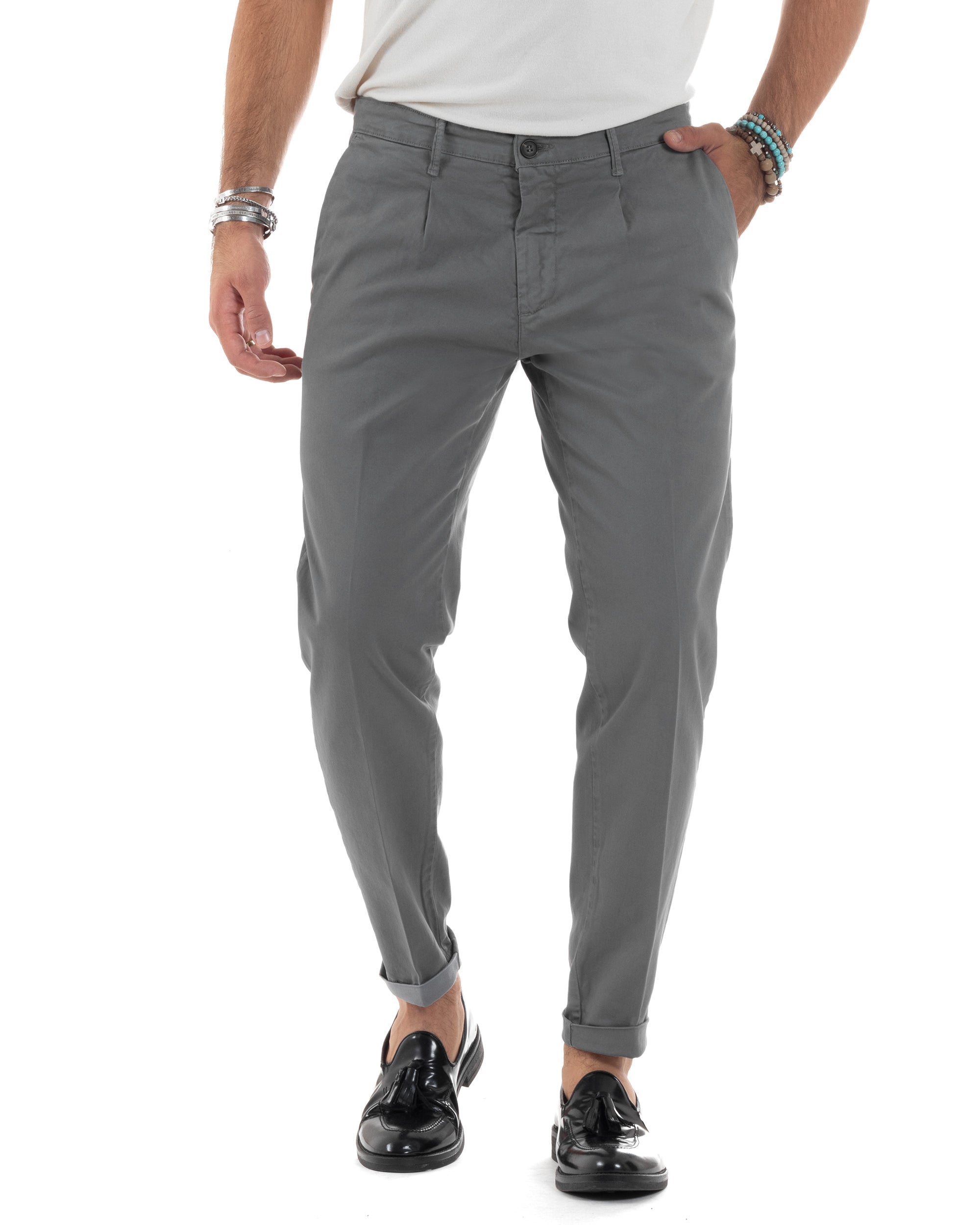 Pantaloni Uomo Cotone Chino Tasca America Capri Basic Sartoriale Slim Fit Casual Grigio Scuro GIOSAL-P6311A