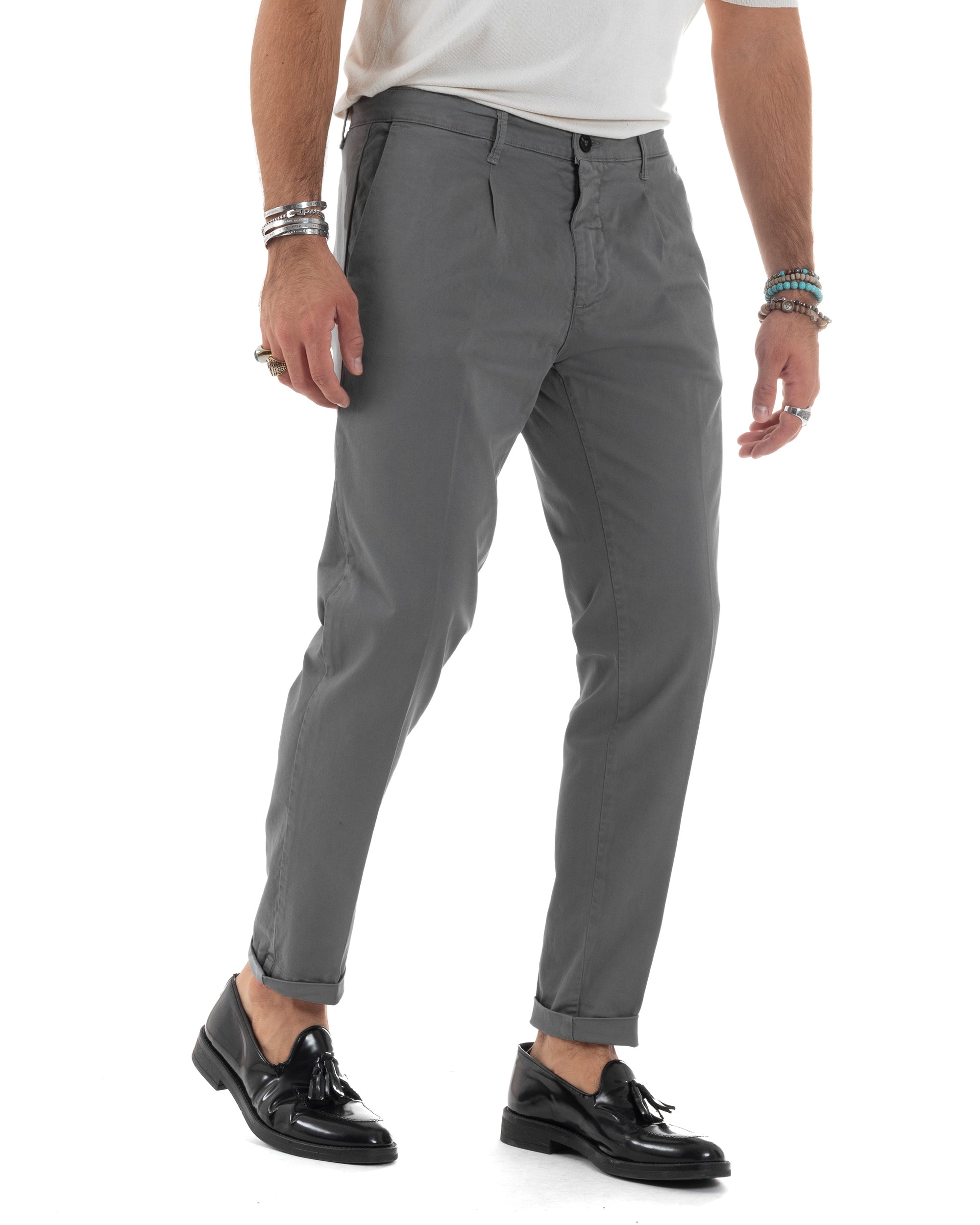 Pantaloni Uomo Cotone Chino Tasca America Capri Basic Sartoriale Slim Fit Casual Grigio Scuro GIOSAL-P6311A