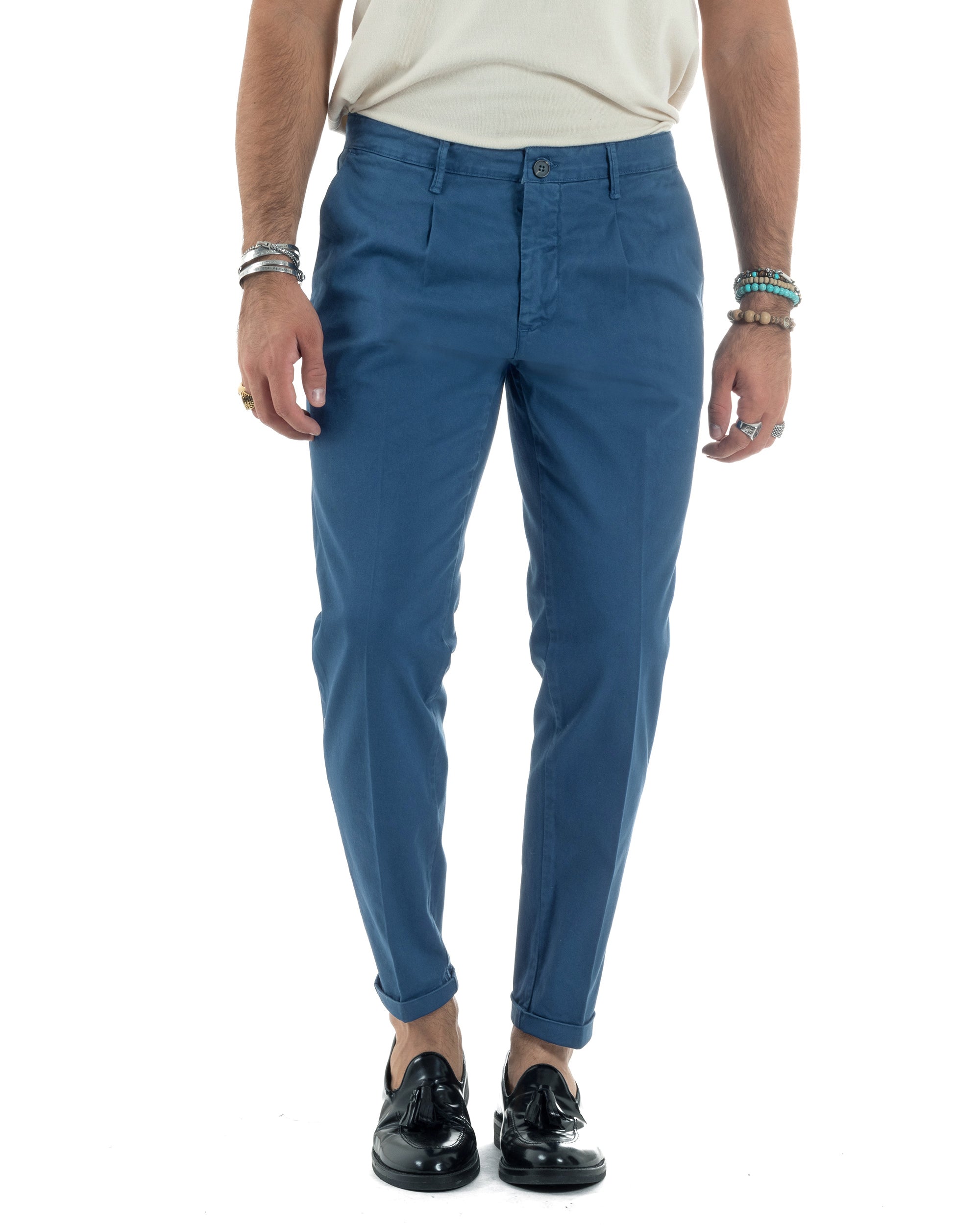 Pantaloni Uomo Cotone Chino Tasca America Capri Basic Sartoriale Slim Fit Casual Blu Royal GIOSAL-P6313A