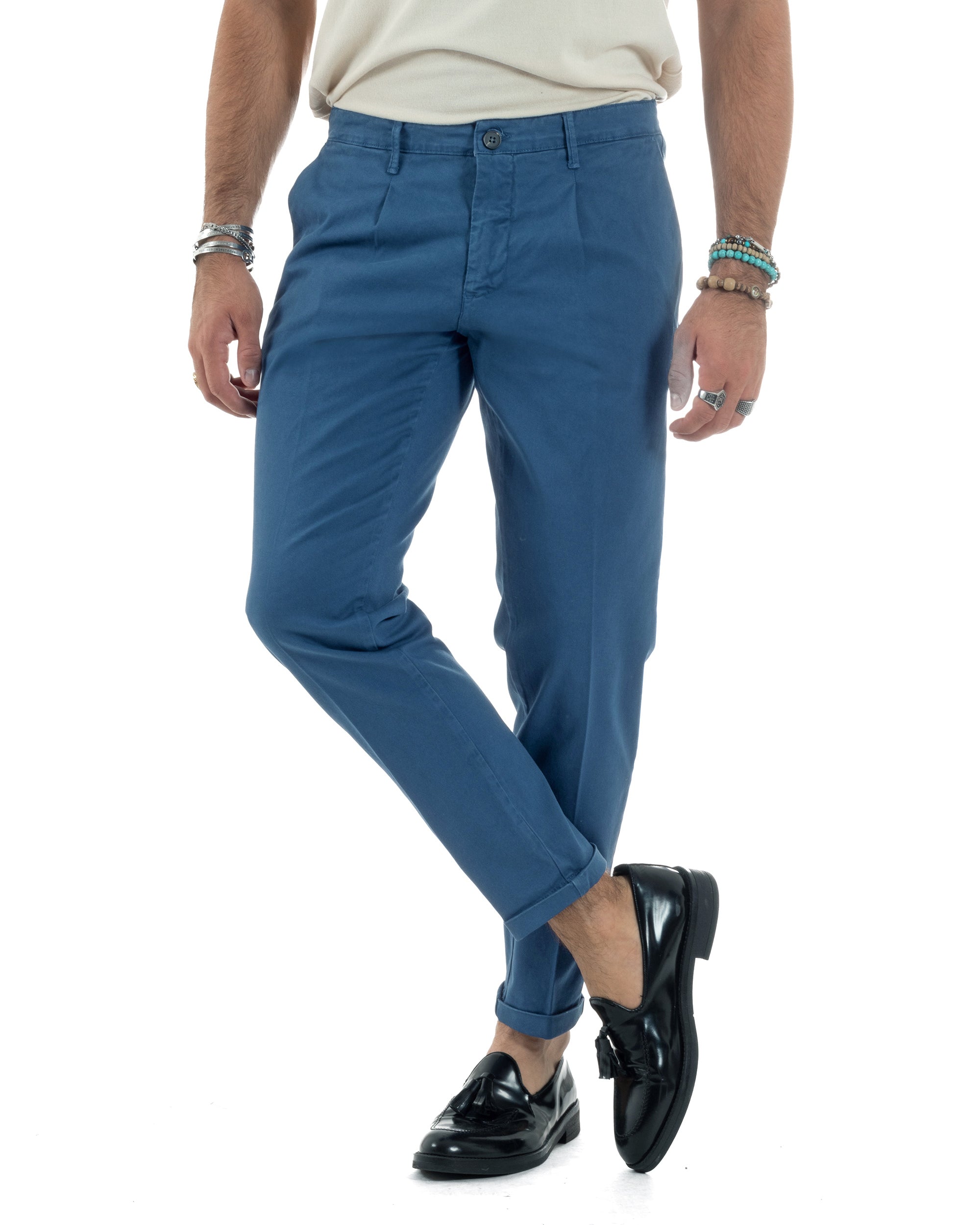 Pantaloni Uomo Cotone Chino Tasca America Capri Basic Sartoriale Slim Fit Casual Blu Royal GIOSAL-P6313A