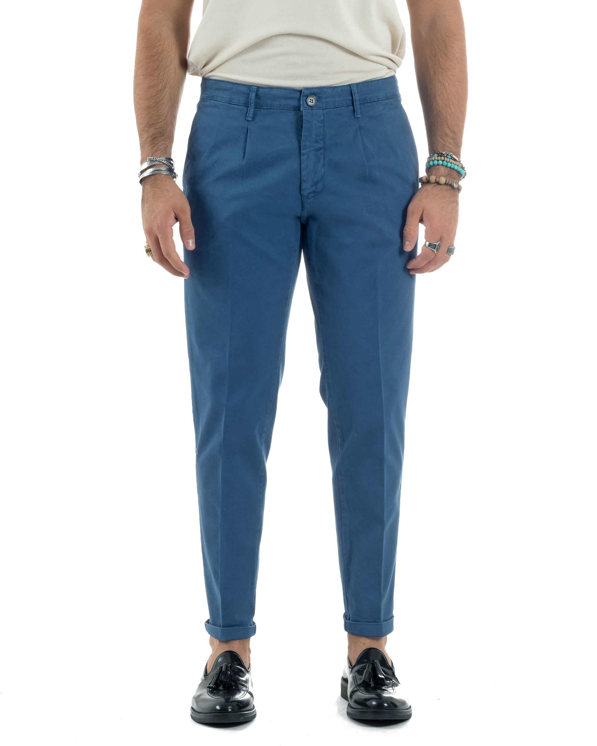 Pantaloni Uomo Cotone Chino Tasca America Capri Basic Sartoriale Slim Fit Casual Blu Royal GIOSAL-P6313A