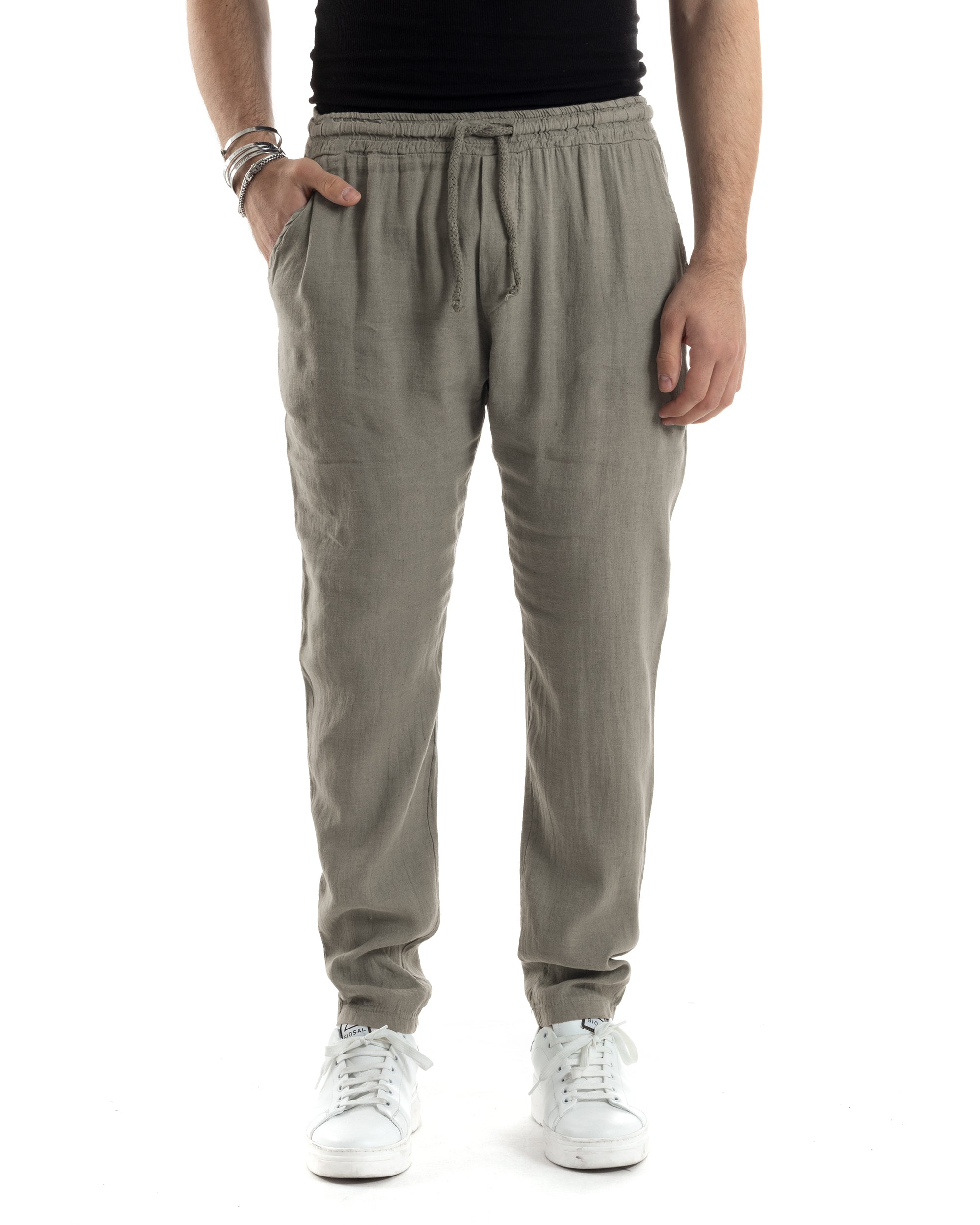 Pantaloni Uomo Lino Pantalaccio Lungo Con Elastico Regular Fit Con Coulisse Tinta Unita Fango Casual GIOSAL-P6332A