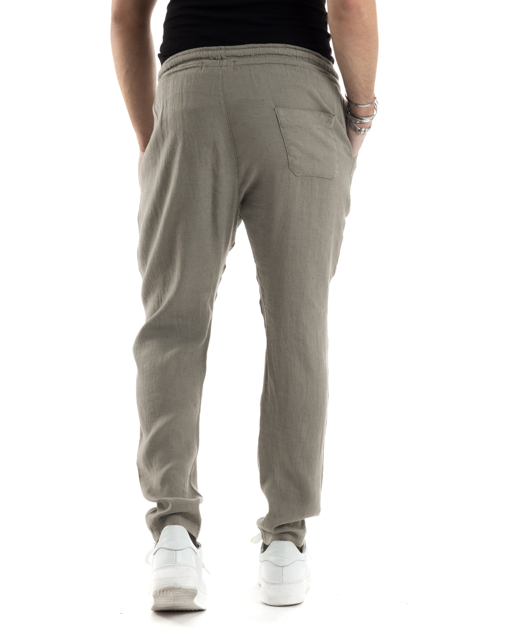 Pantaloni Uomo Lino Pantalaccio Lungo Con Elastico Regular Fit Con Coulisse Tinta Unita Fango Casual GIOSAL-P6332A