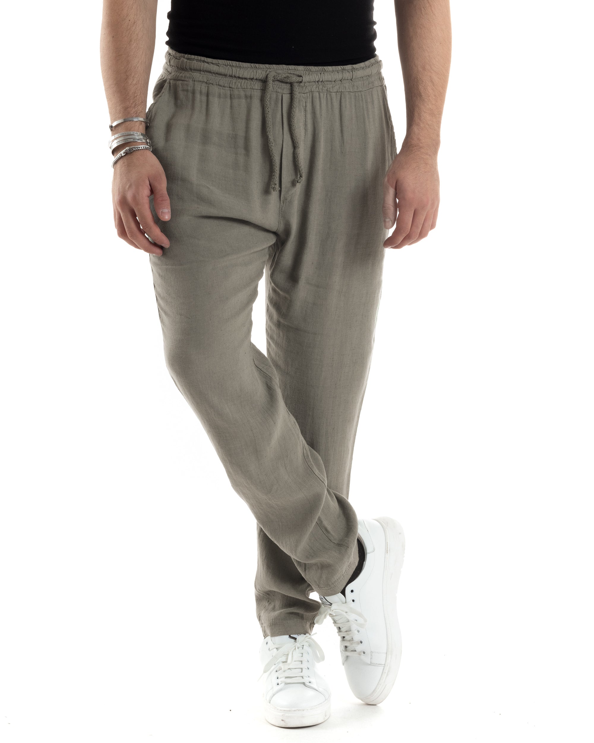 Pantaloni Uomo Lino Pantalaccio Lungo Con Elastico Regular Fit Con Coulisse Tinta Unita Fango Casual GIOSAL-P6332A