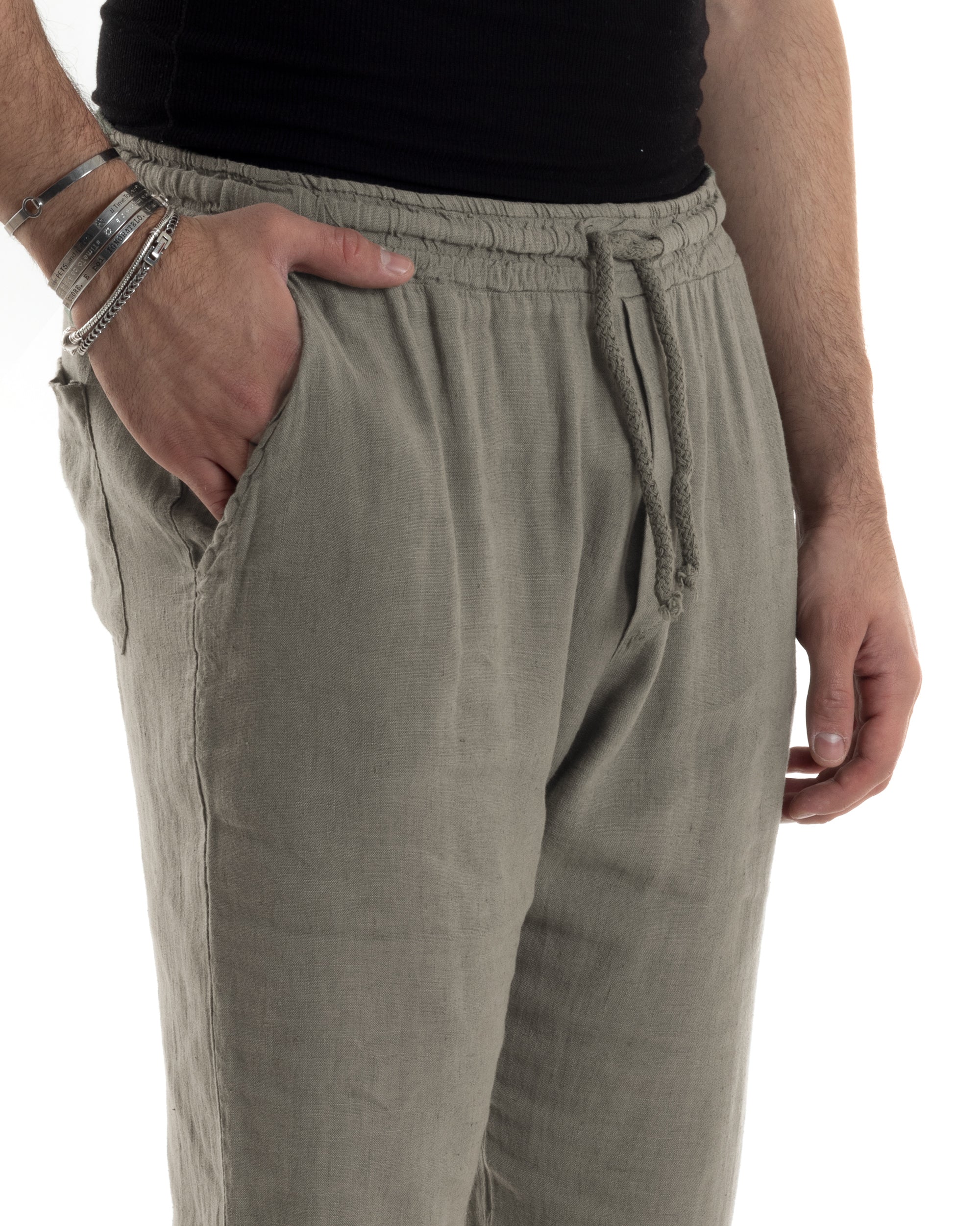 Pantaloni Uomo Lino Pantalaccio Lungo Con Elastico Regular Fit Con Coulisse Tinta Unita Fango Casual GIOSAL-P6332A