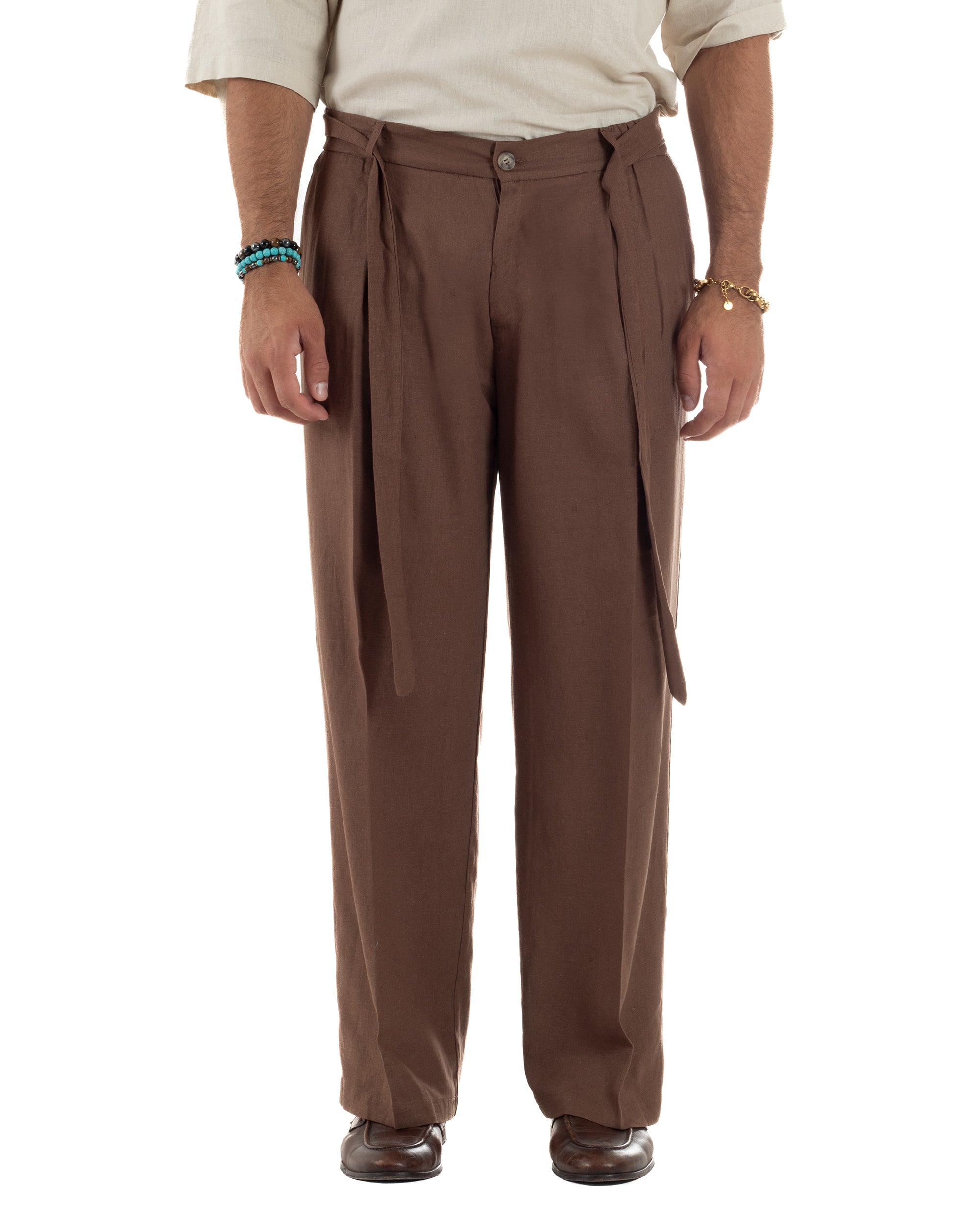 Pantaloni Lino Baggy Fit Cintura Marrone P6318A