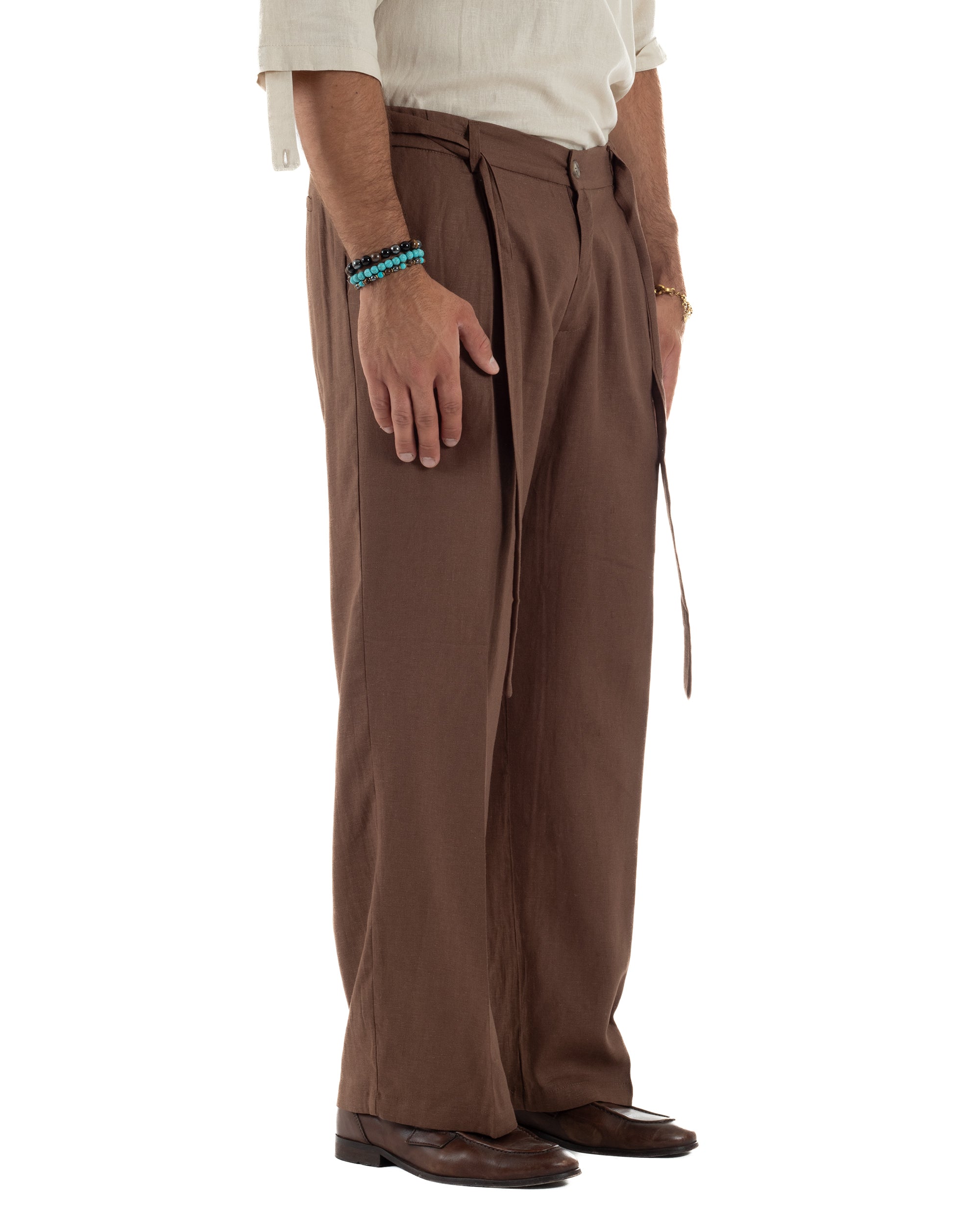 Pantaloni Lino Baggy Fit Cintura Marrone P6318A