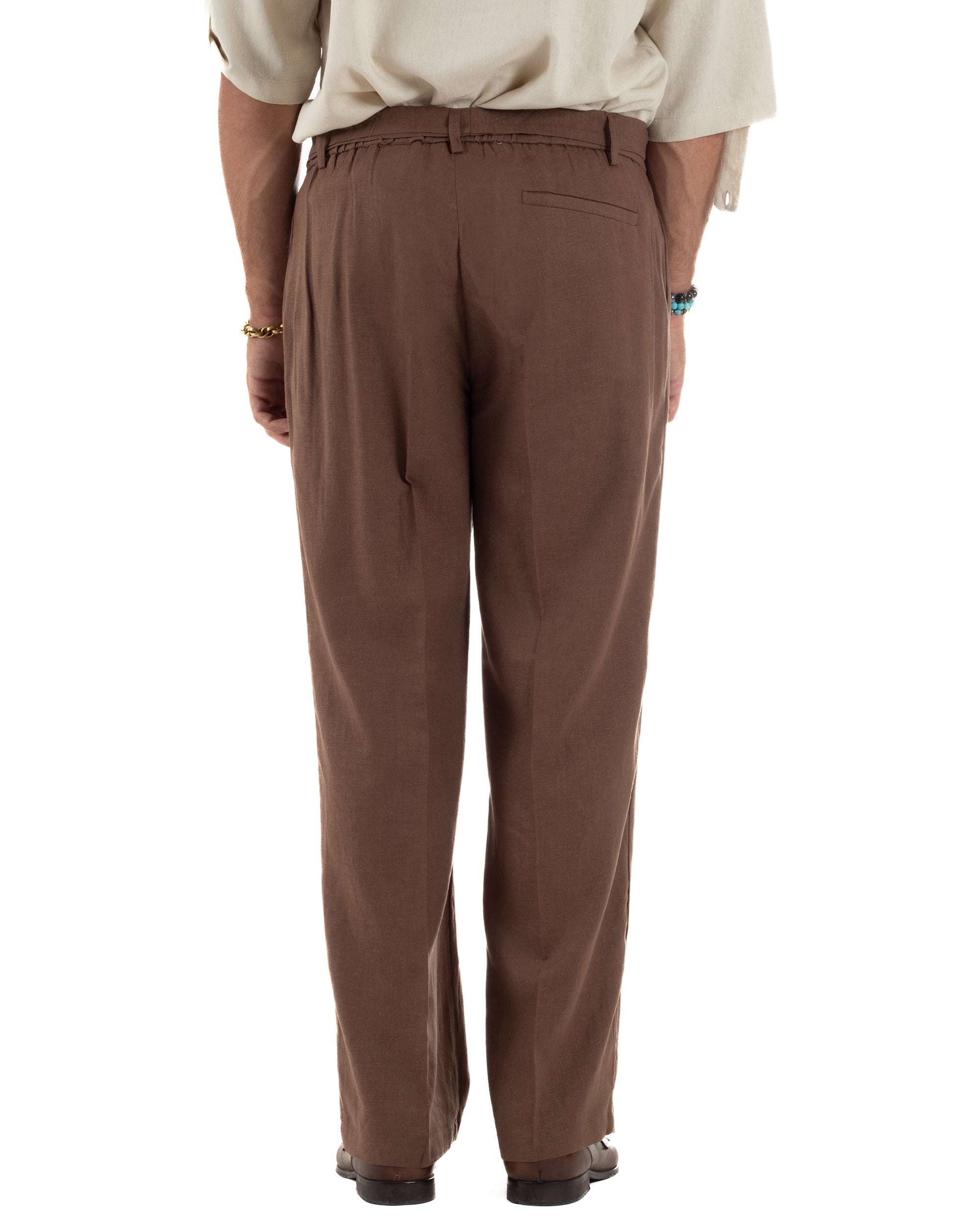 Pantaloni Lino Baggy Fit Cintura Marrone P6318A