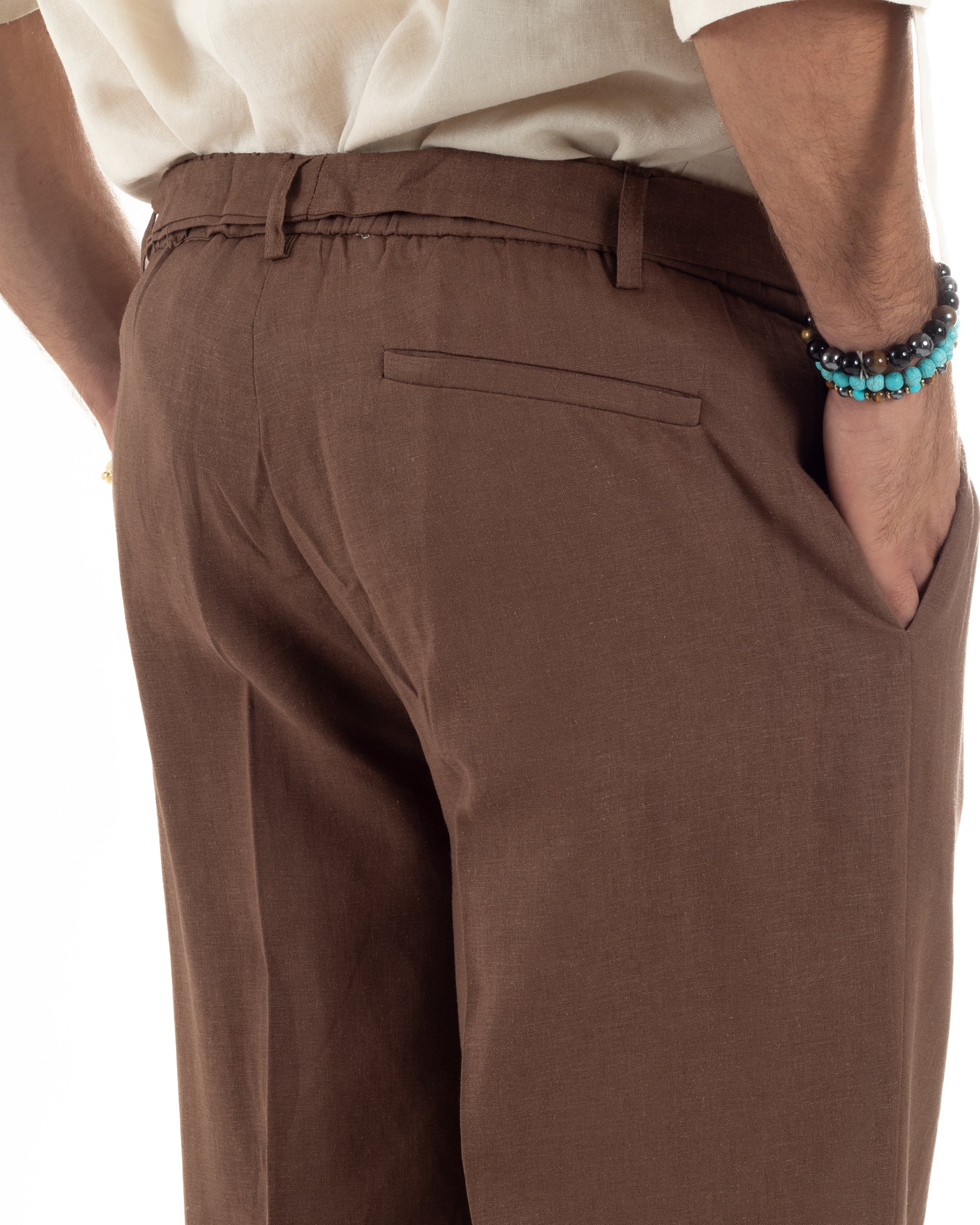 Pantaloni Lino Baggy Fit Cintura Marrone P6318A