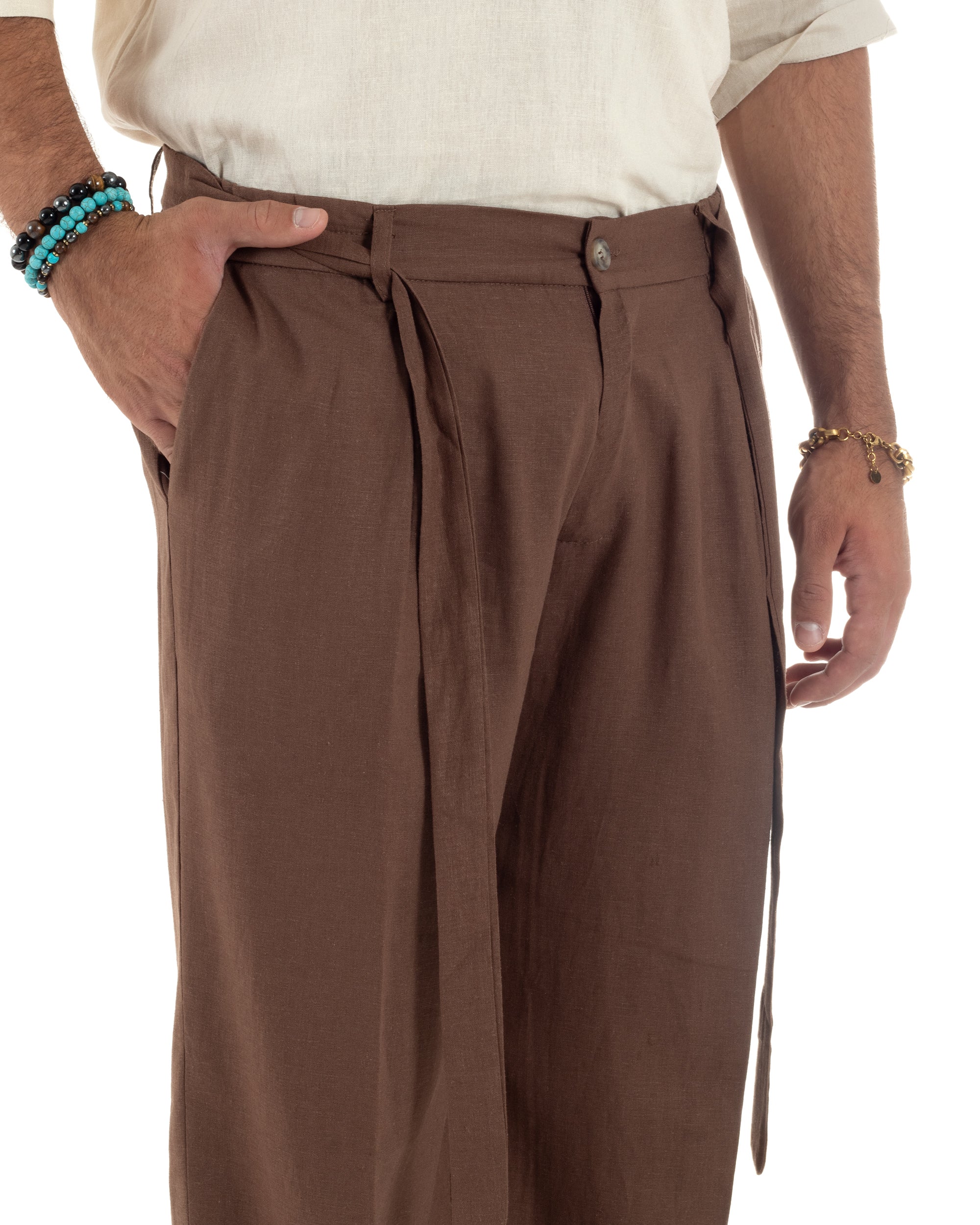 Pantaloni Lino Baggy Fit Cintura Marrone P6318A