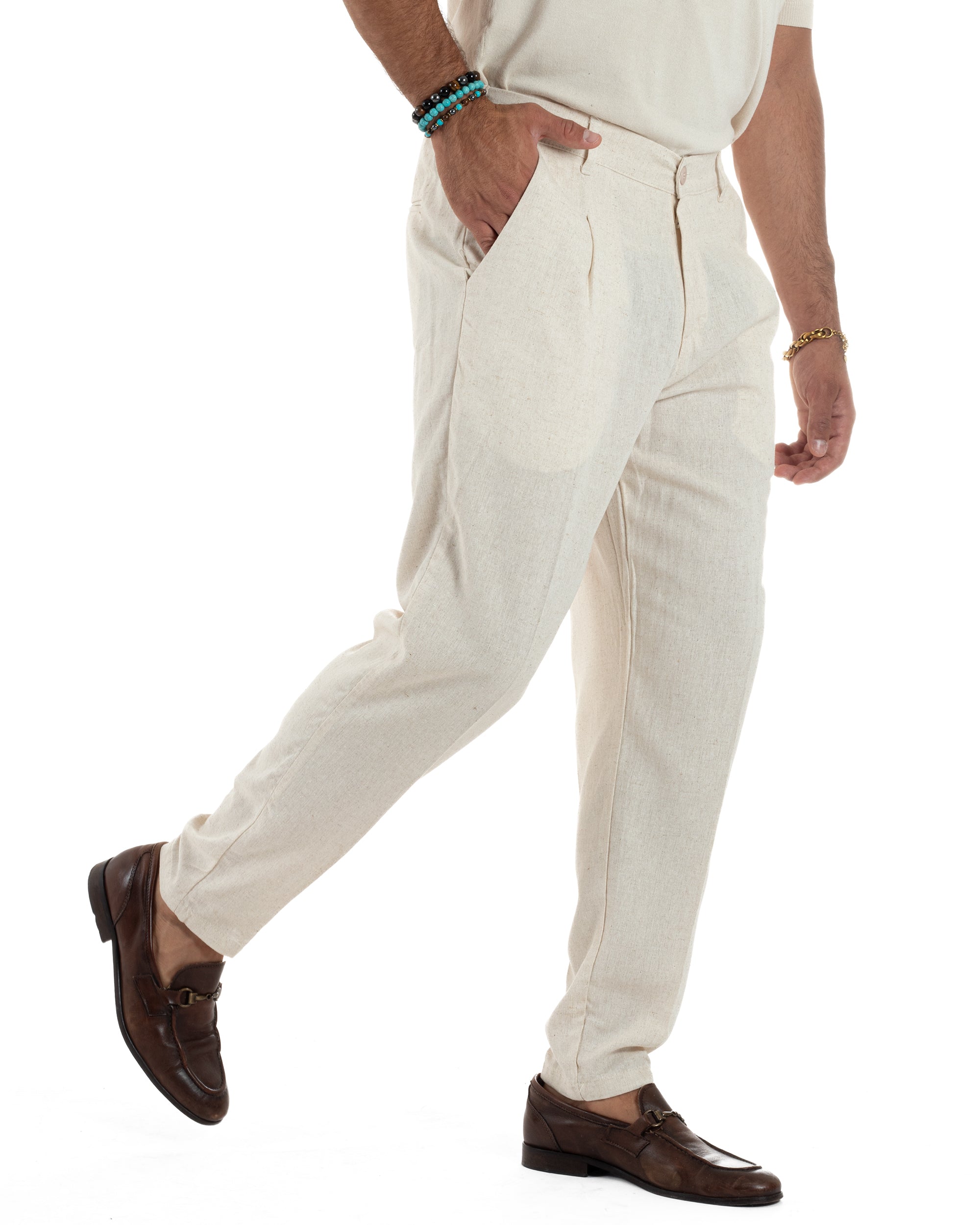 Pantaloni Lino Uomo Tasche America Sartoriale Con Pinces Beige P6319A