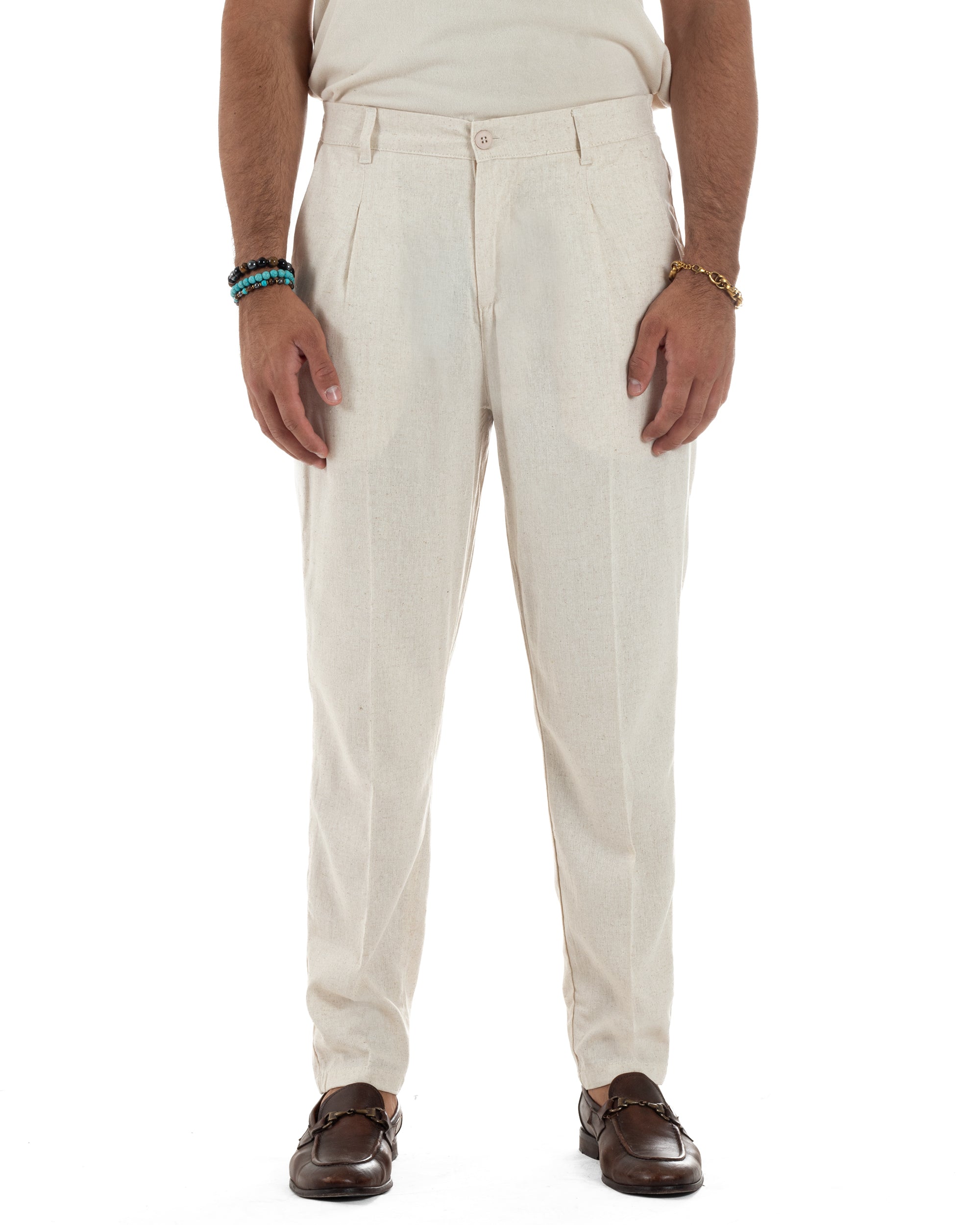 Pantaloni Lino Uomo Tasche America Sartoriale Con Pinces Beige P6319A