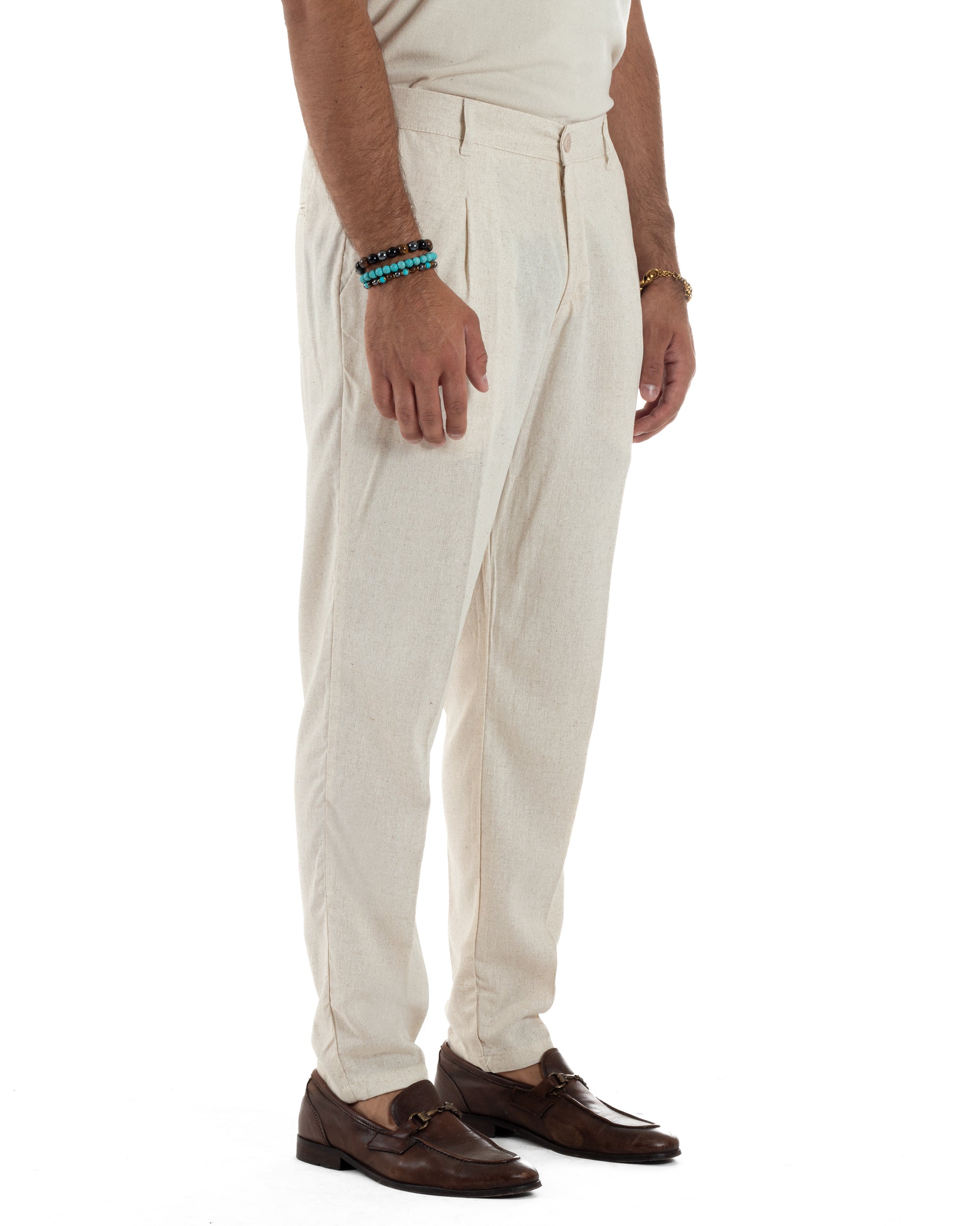 Pantaloni Lino Uomo Tasche America Sartoriale Con Pinces Beige P6319A
