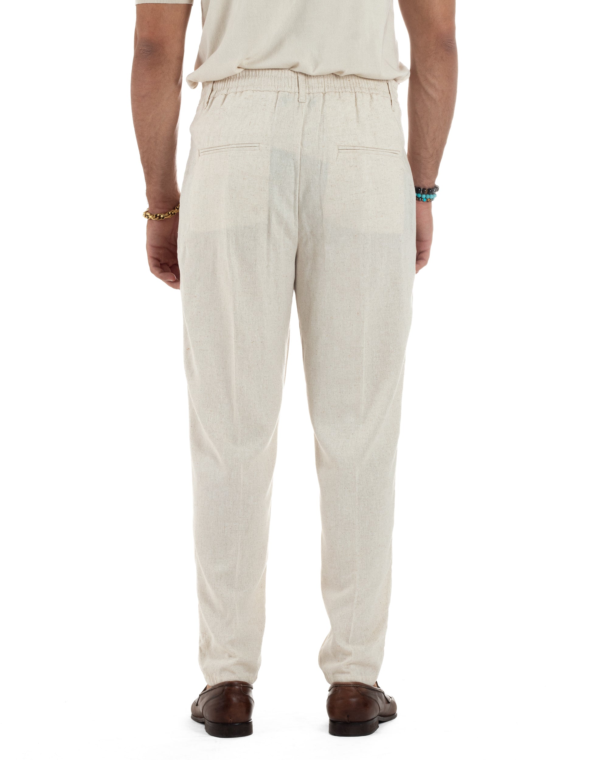 Pantaloni Lino Uomo Tasche America Sartoriale Con Pinces Beige P6319A