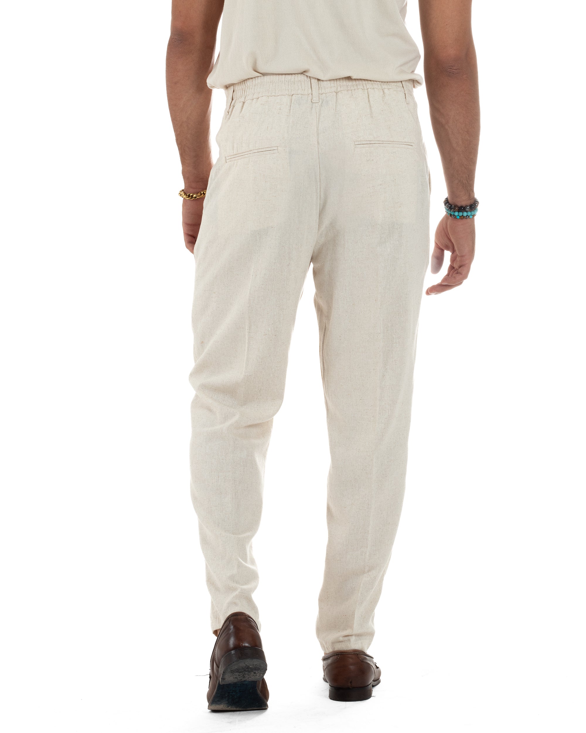 Pantaloni Lino Uomo Tasche America Sartoriale Con Pinces Beige P6319A