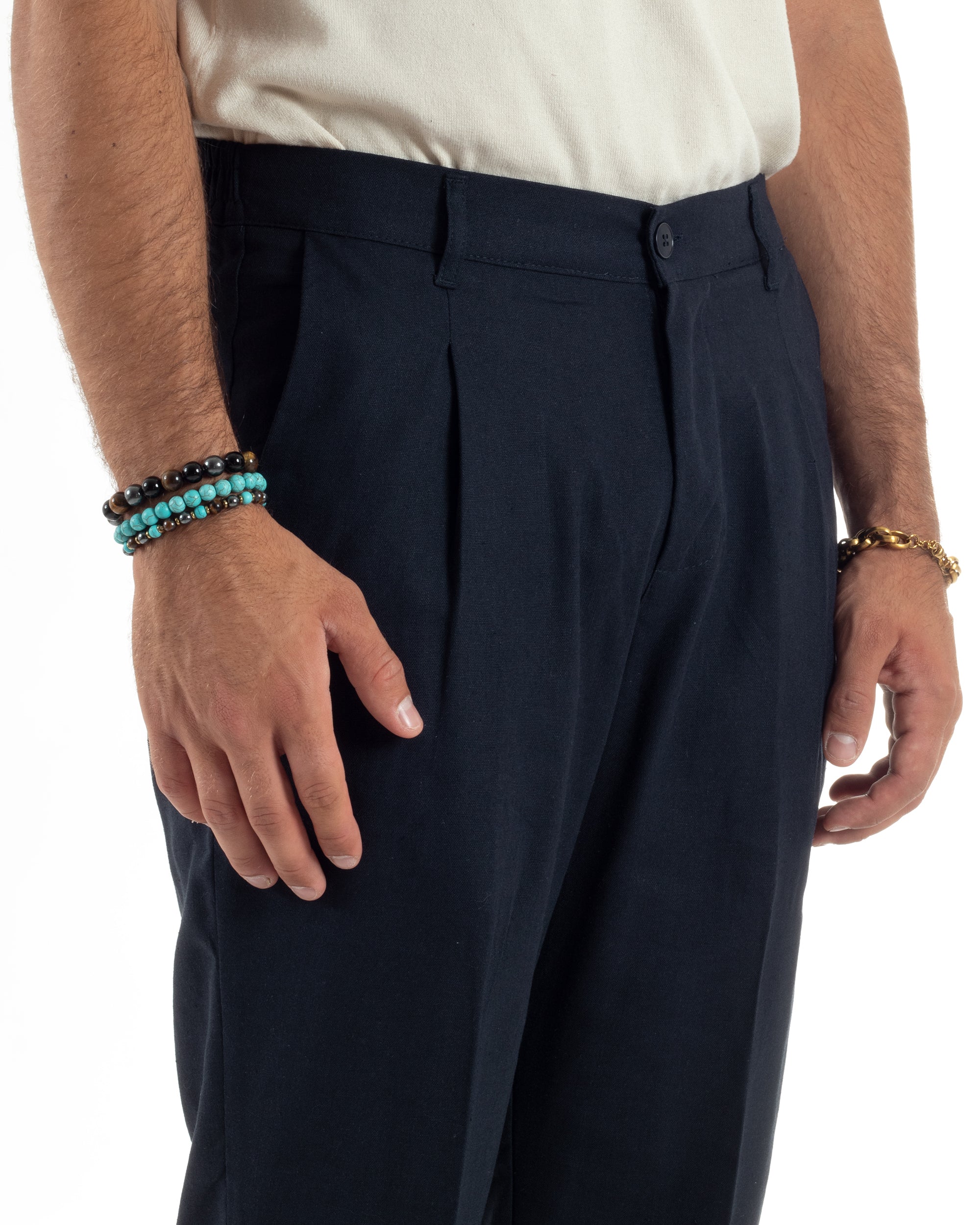 Pantaloni uomo lino blu sartoriale vista frontale regular fit tinta unita